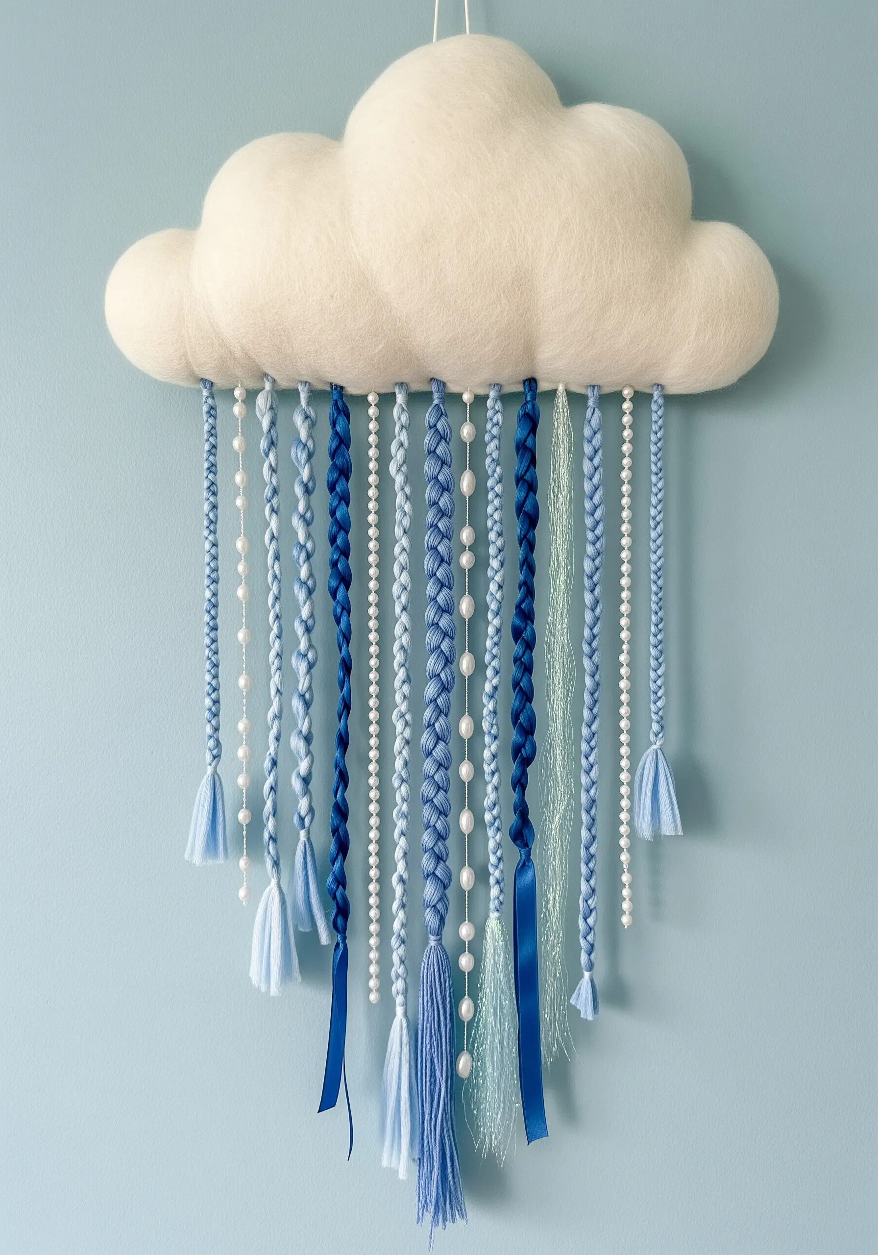 A felted white cloud mobile with blue and white braided threads, ribbons, and pearls hanging down.