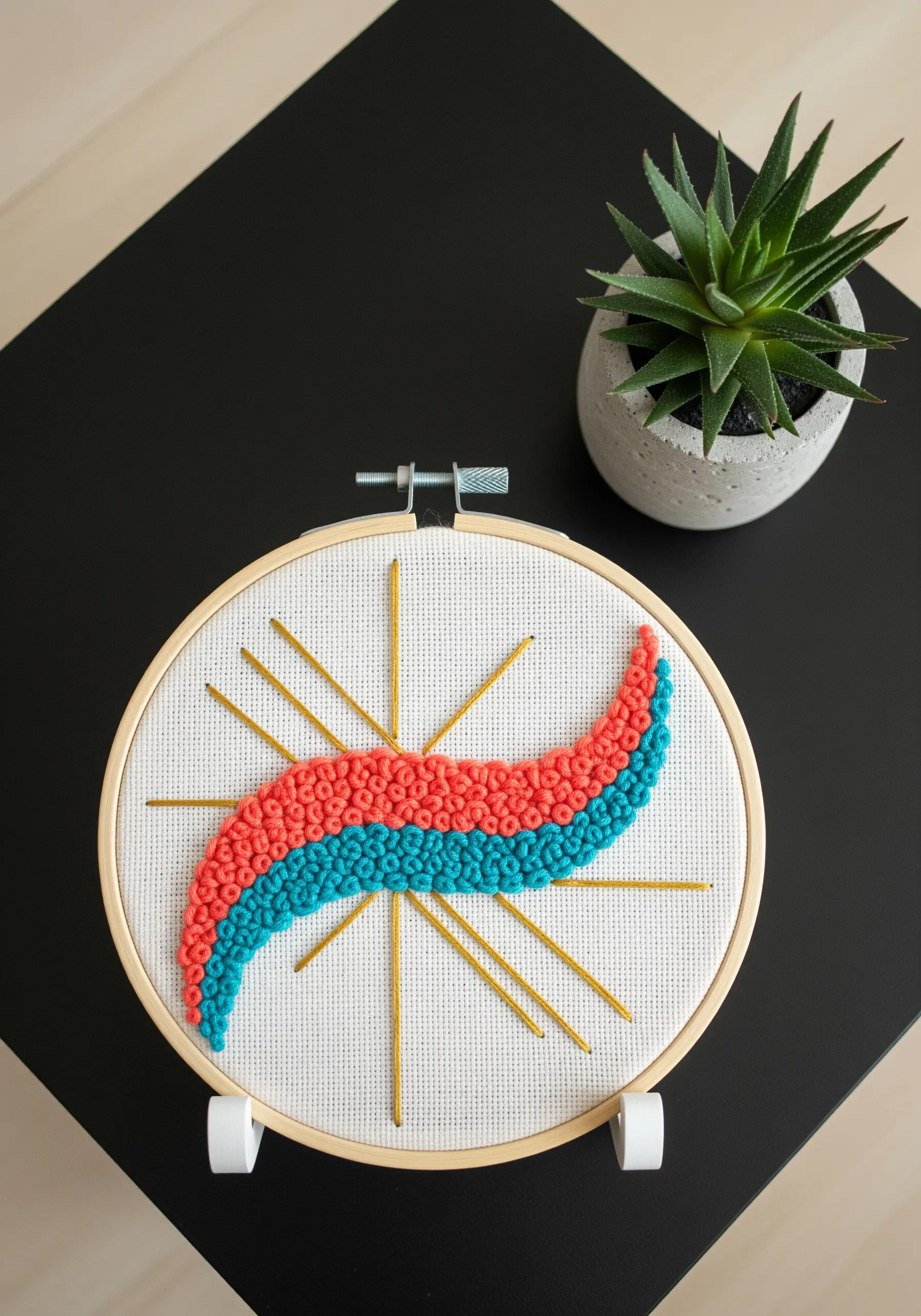 Abstract punch needle wave in red and teal with radiating gold stitches in a hoop.