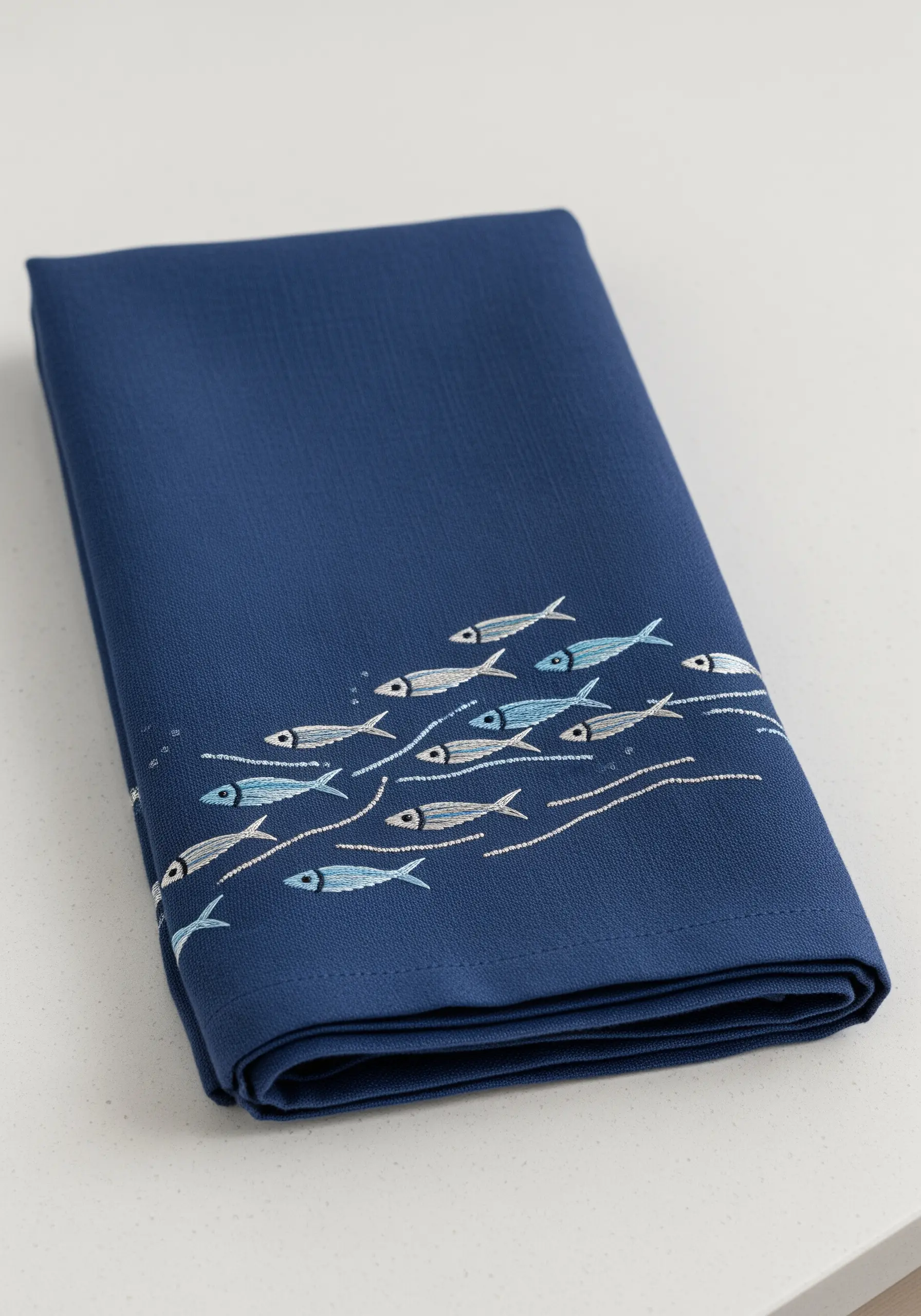 A school of small, stylized fish embroidered in shades of blue on a dark blue napkin.