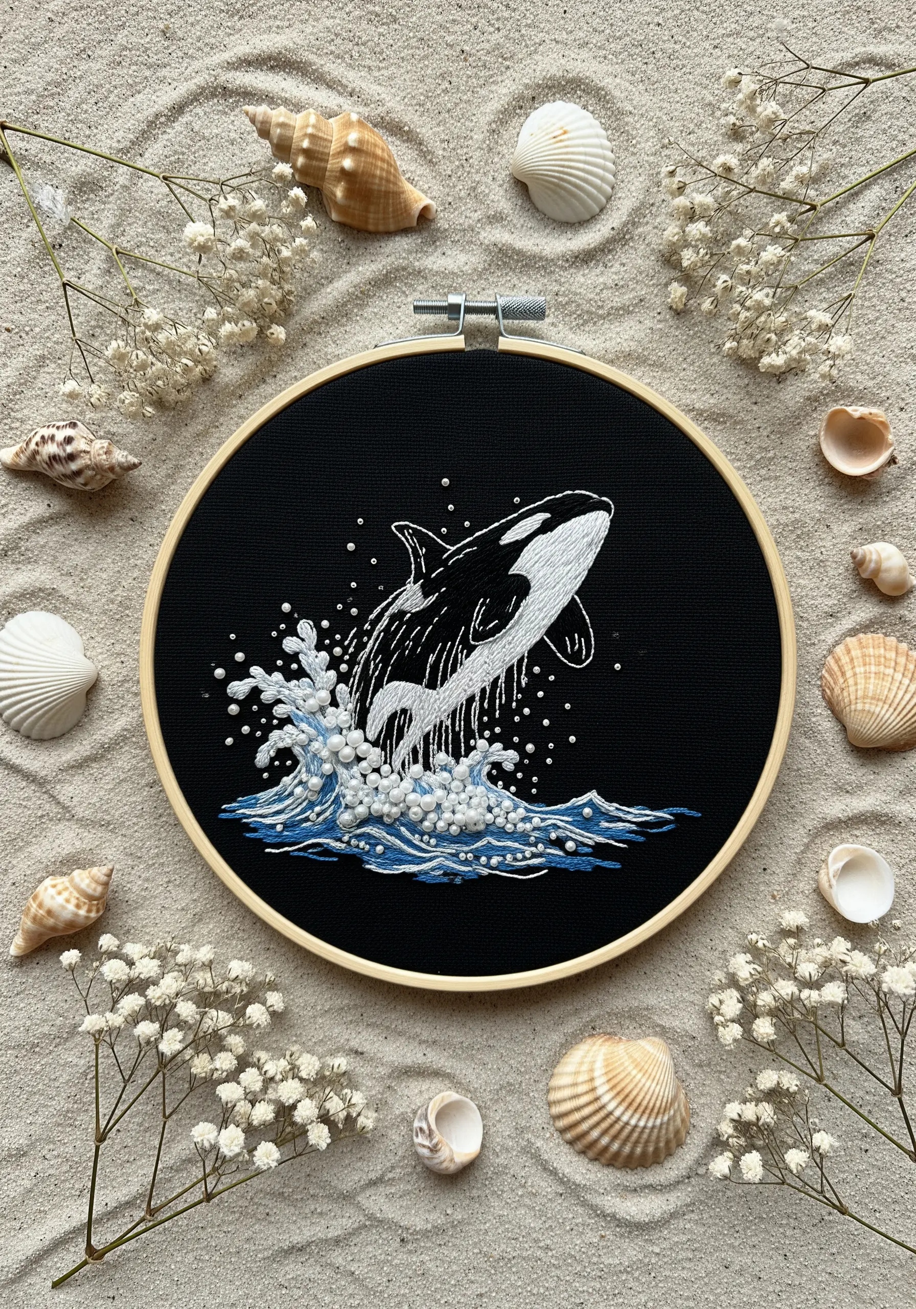 Orca whale jumping from water embroidered on black fabric, with textured French knots for sea spray.