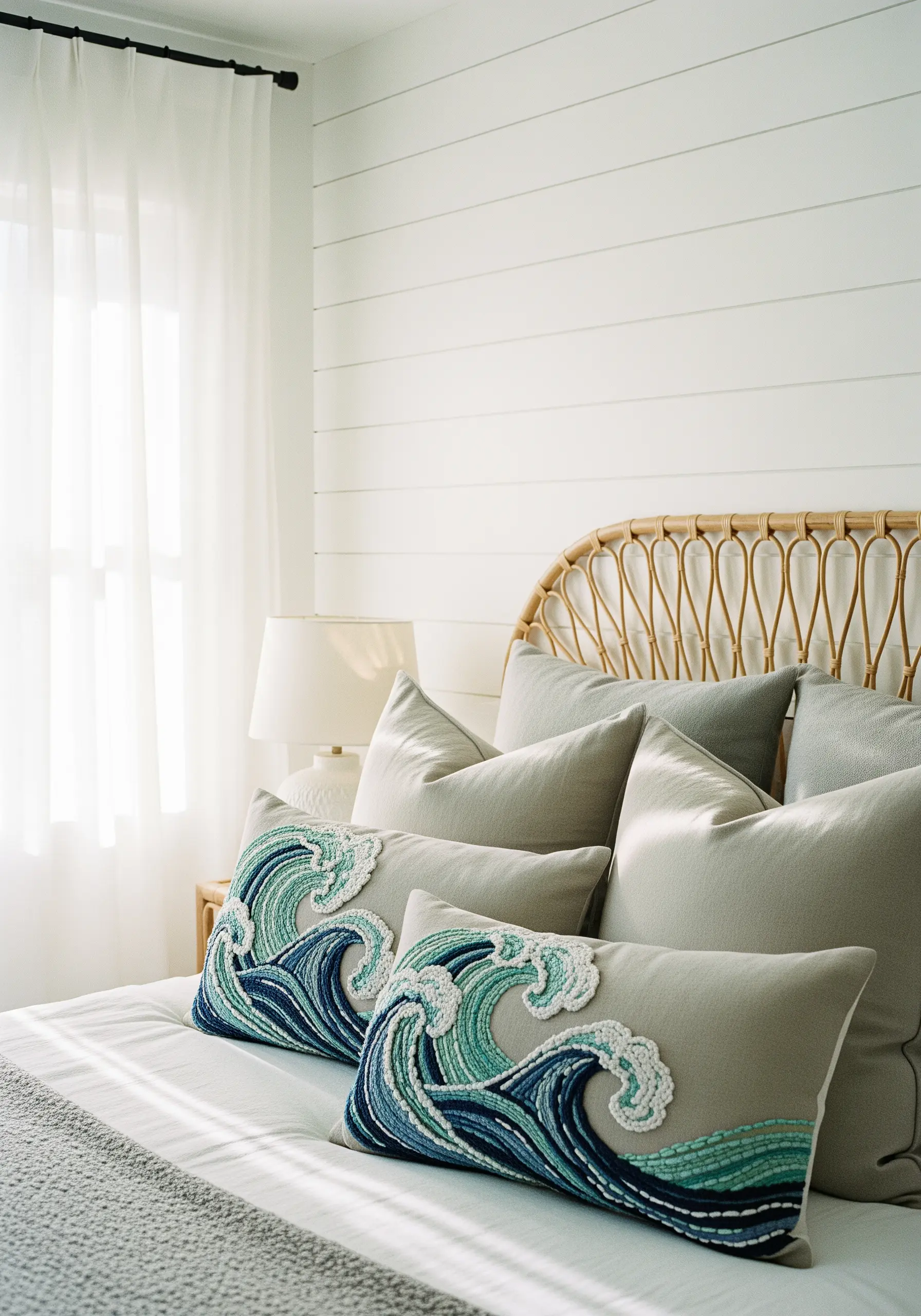 Close-up of embroidered wave pillows with textured white foam and blue satin stitching.