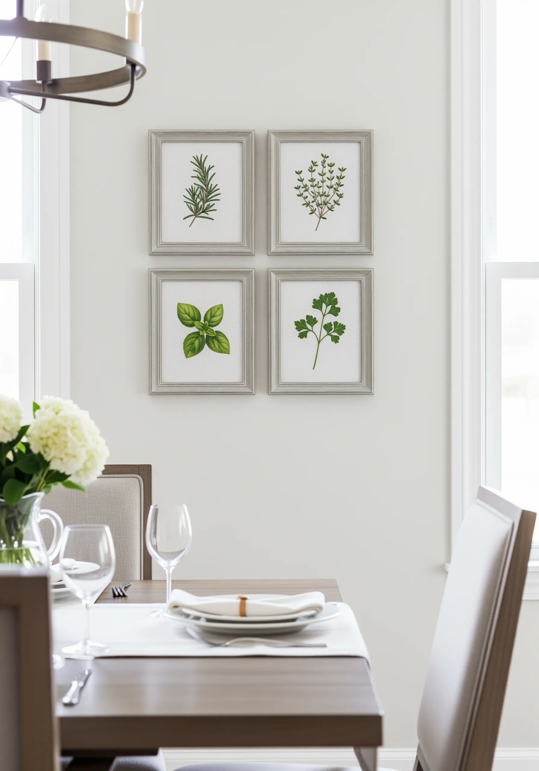 A set of four framed embroideries, each depicting a different culinary herb, on a dining room wall.
