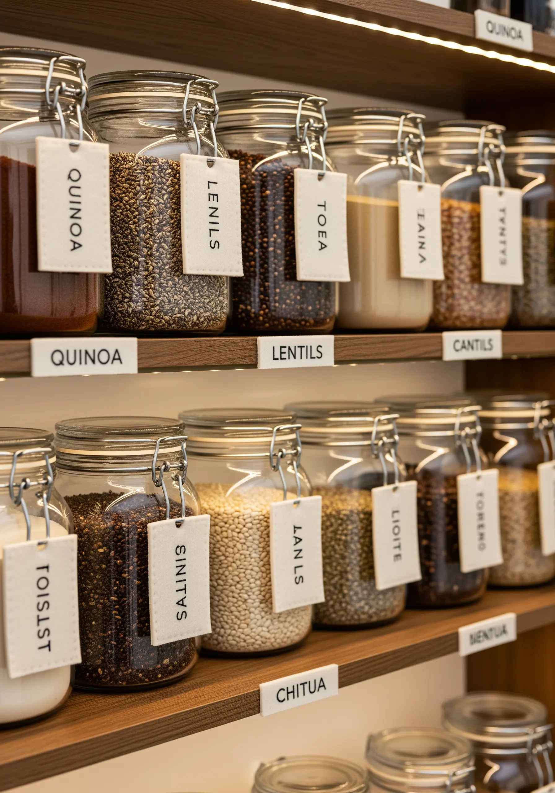 Embroidered pantry labels with clean, dark lettering on neutral fabric.