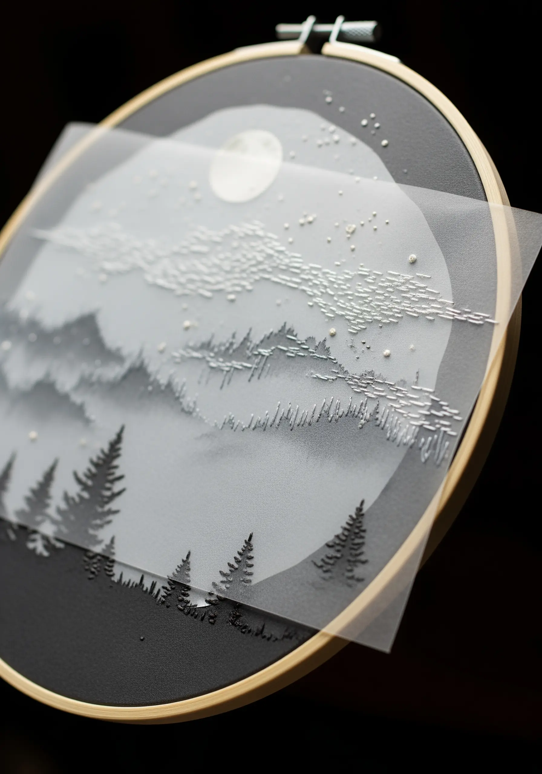 An embroidered landscape with layers of vellum creating a misty, atmospheric effect.