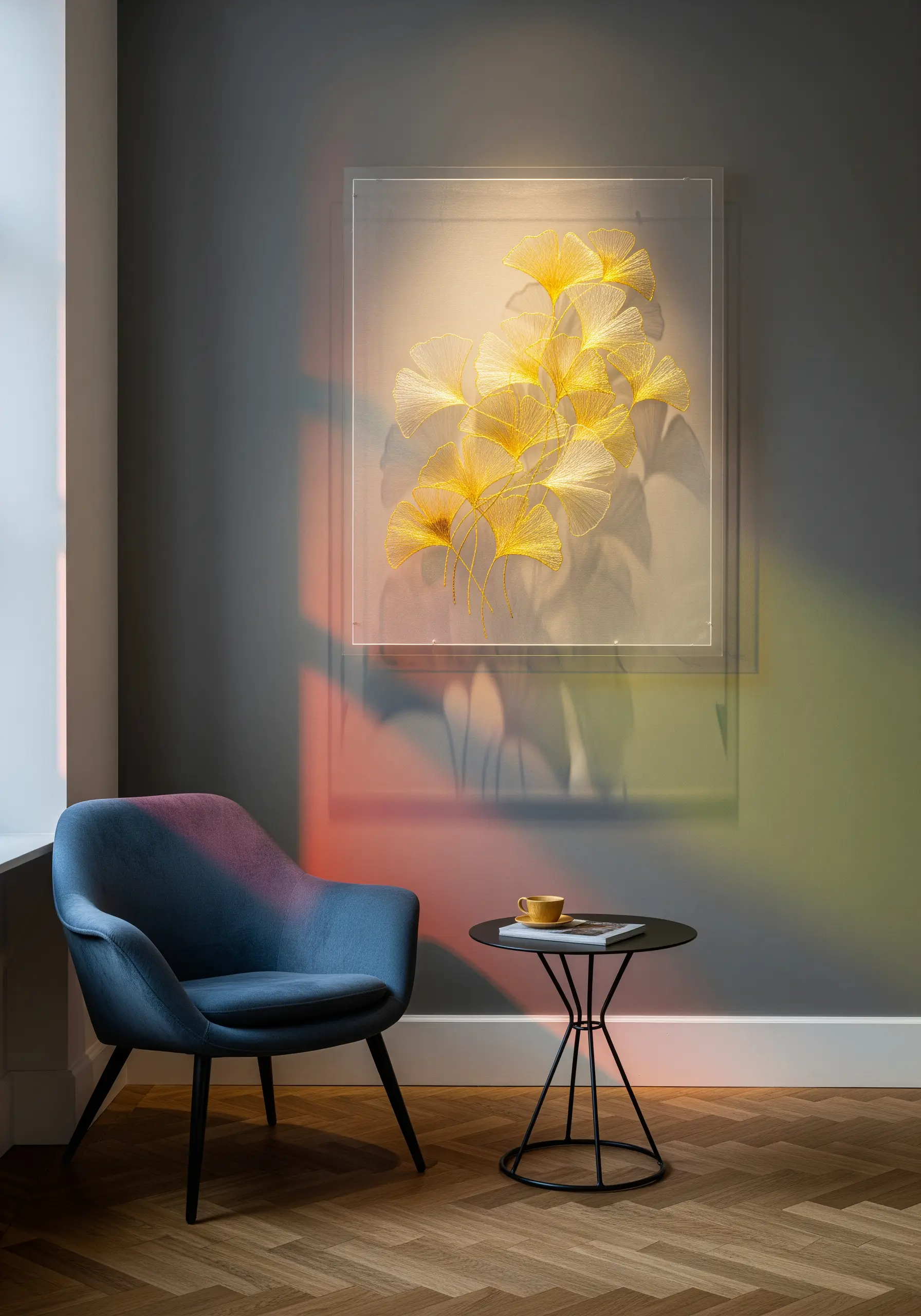 Embroidery of golden ginkgo leaves on a sheer fabric, displayed in a clear acrylic box frame.