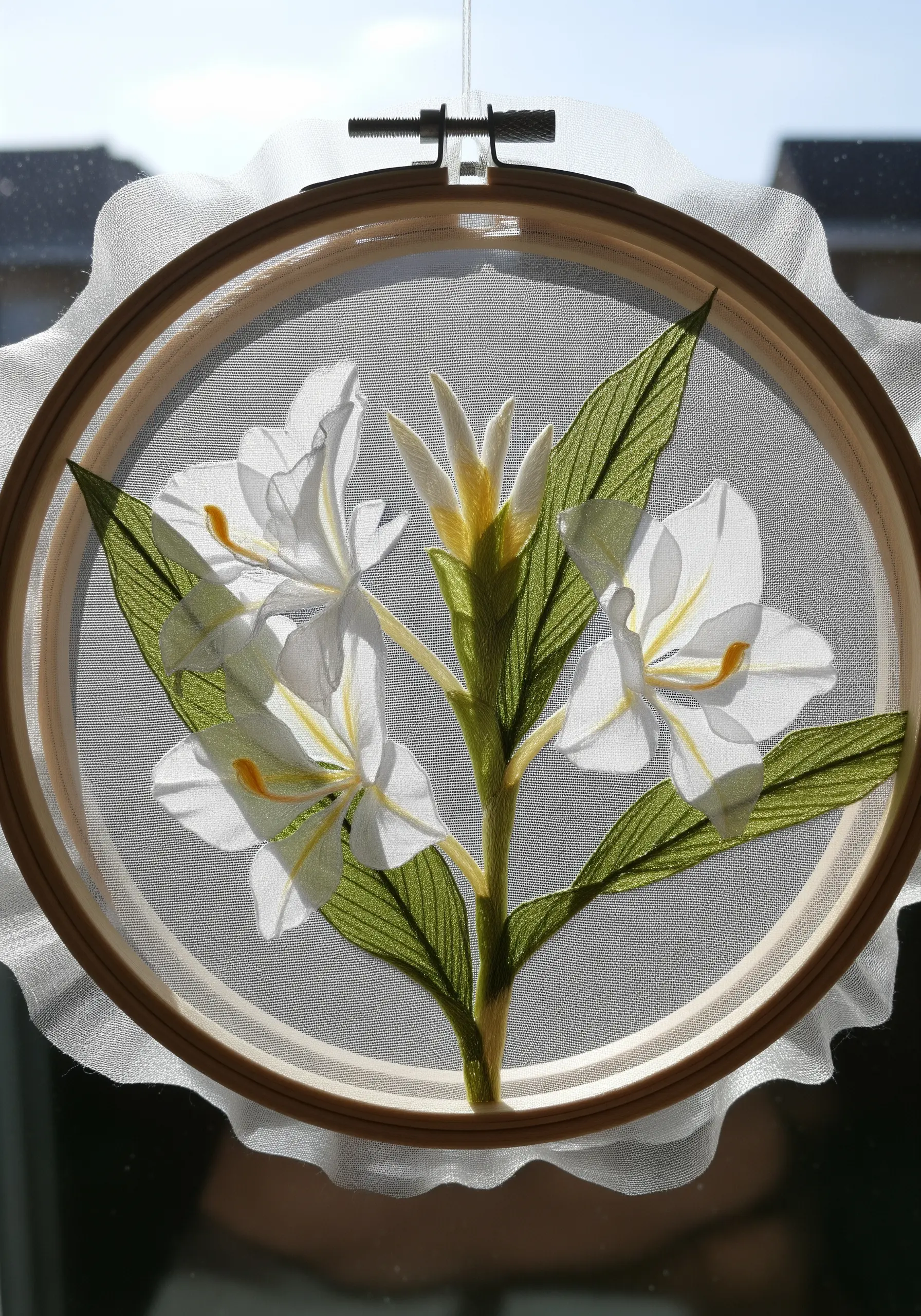 Delicate white ginger lilies embroidered on sheer organza fabric, creating a floating effect.