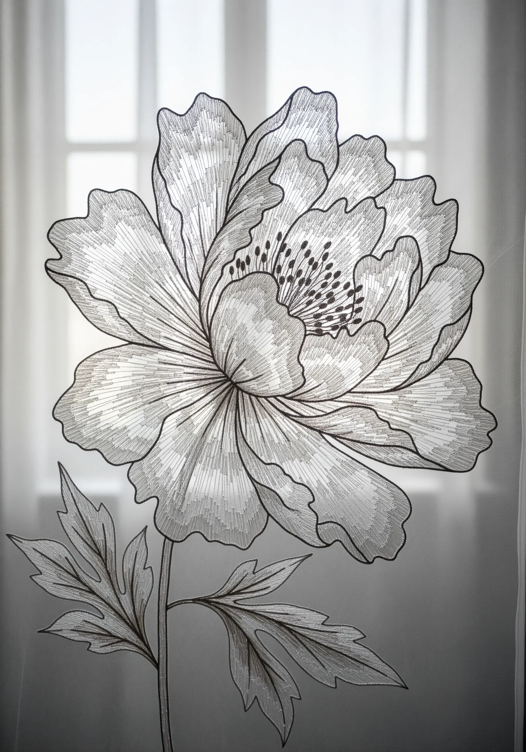 A translucent peony embroidered in black and white thread on a sheer curtain.