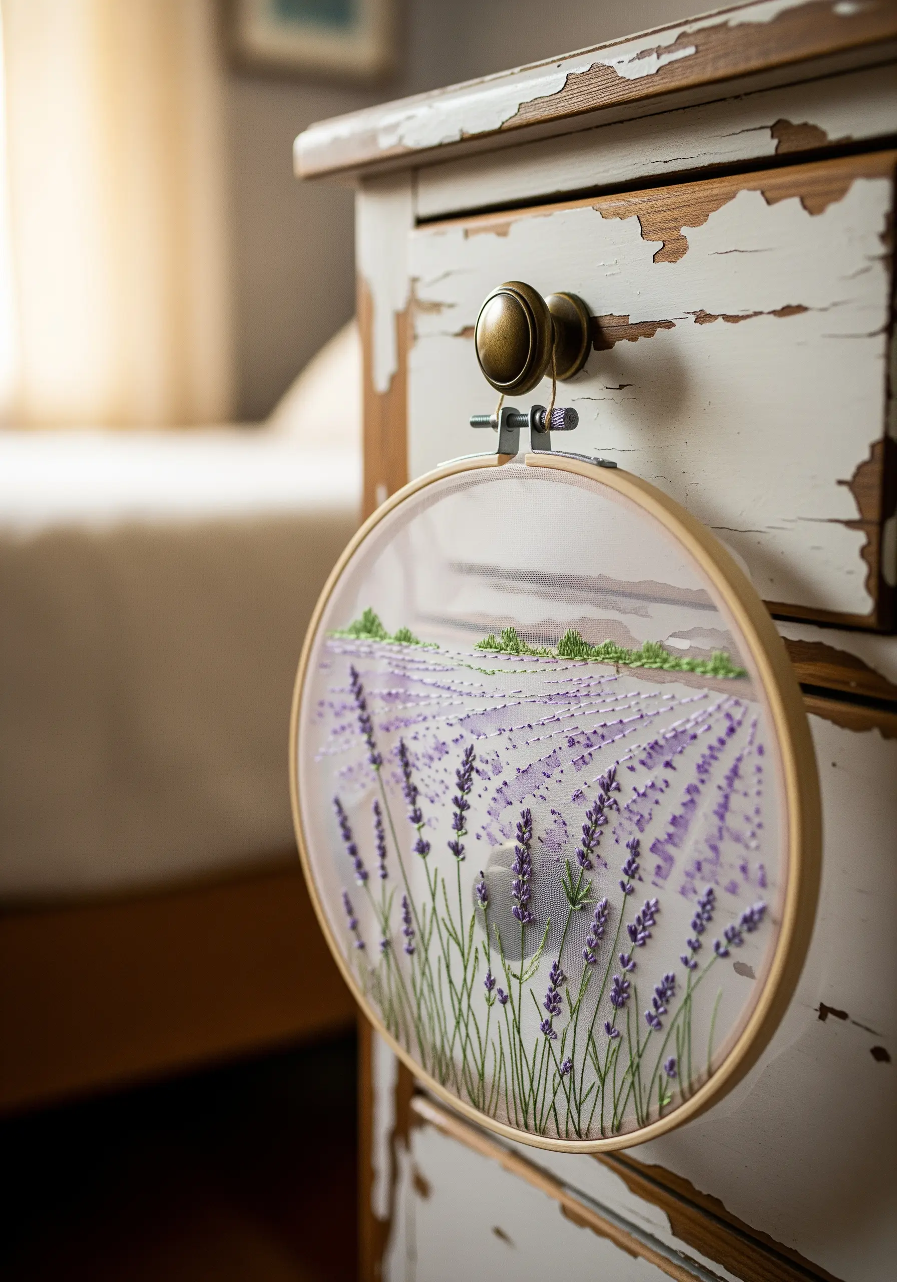 A lavender field embroidered on sheer organza, creating a soft and dreamy effect.