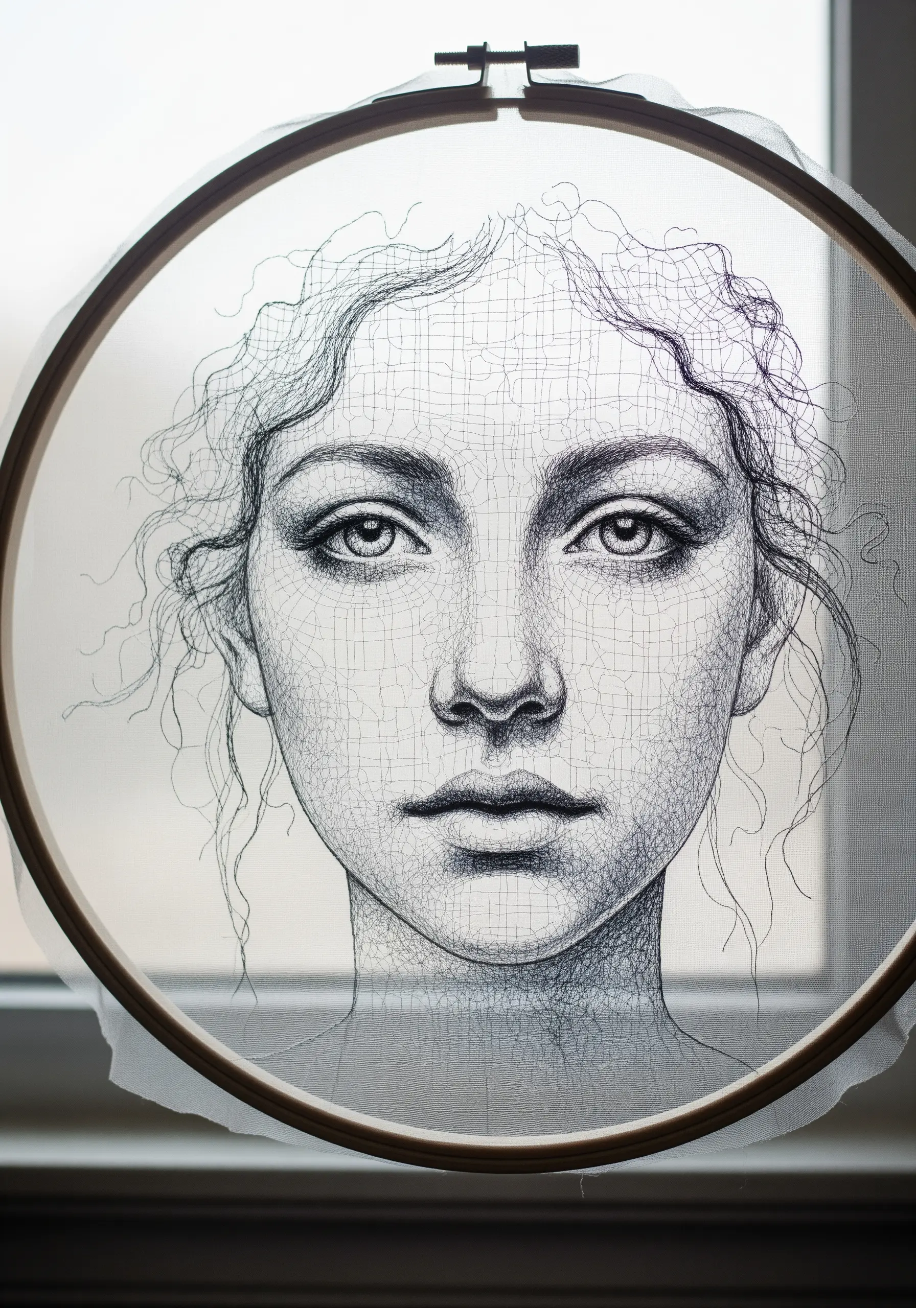 A delicate line-art portrait embroidered on sheer fabric, creating a translucent effect.