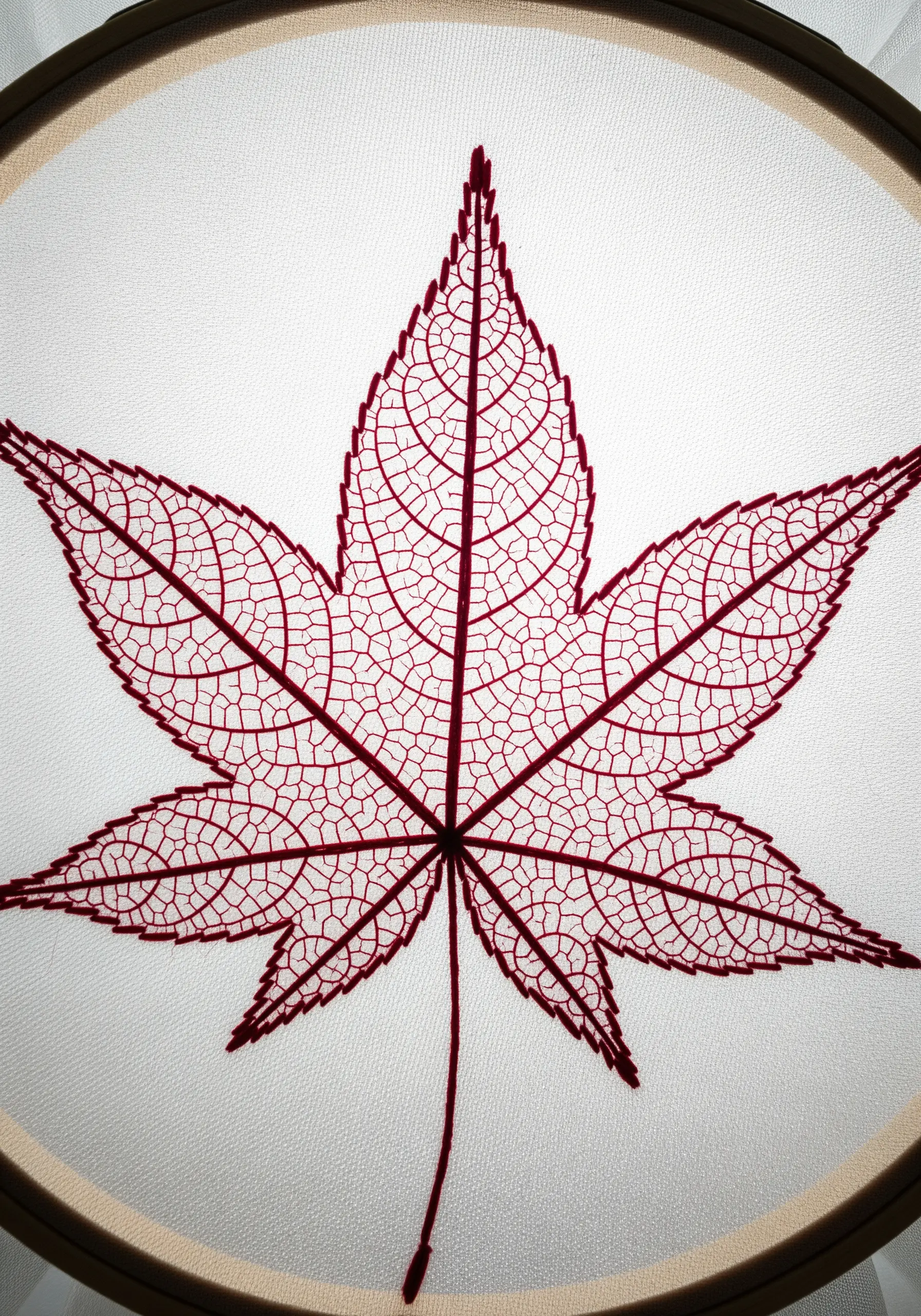 Red thread skeleton of a maple leaf stitched on sheer organza fabric.