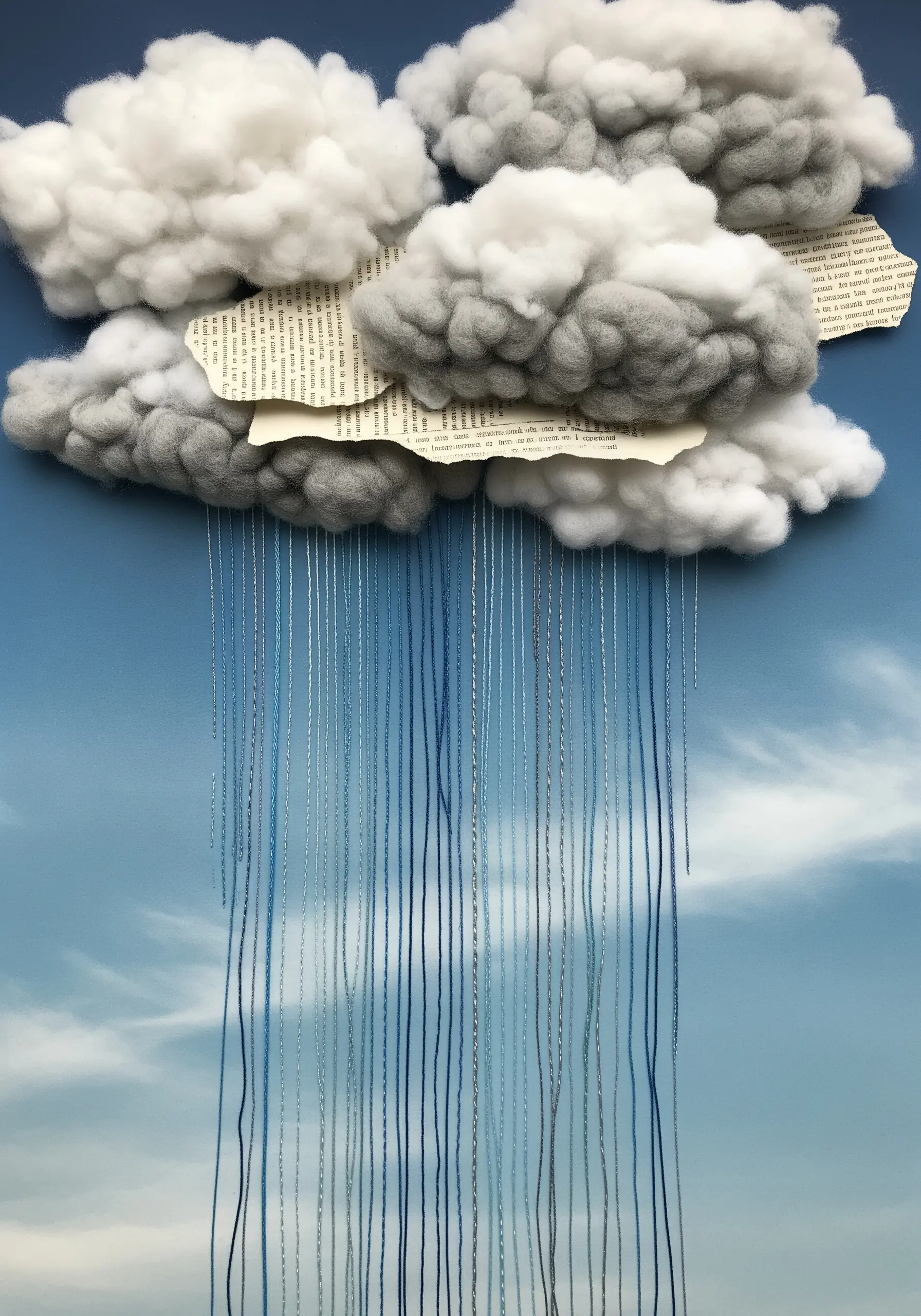 A mixed-media cloud made of cotton and paper, with long strands of blue thread hanging down as rain.
