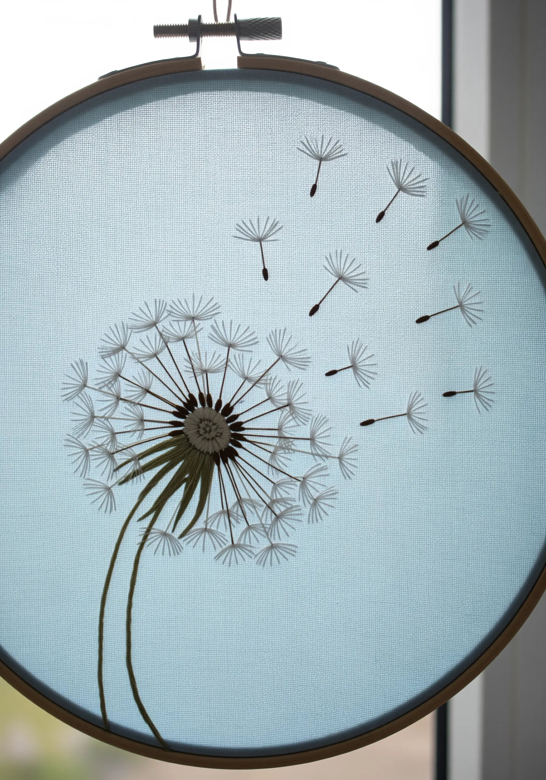 An embroidery of a dandelion with seeds blowing away, stitched in white on a light blue fabric.