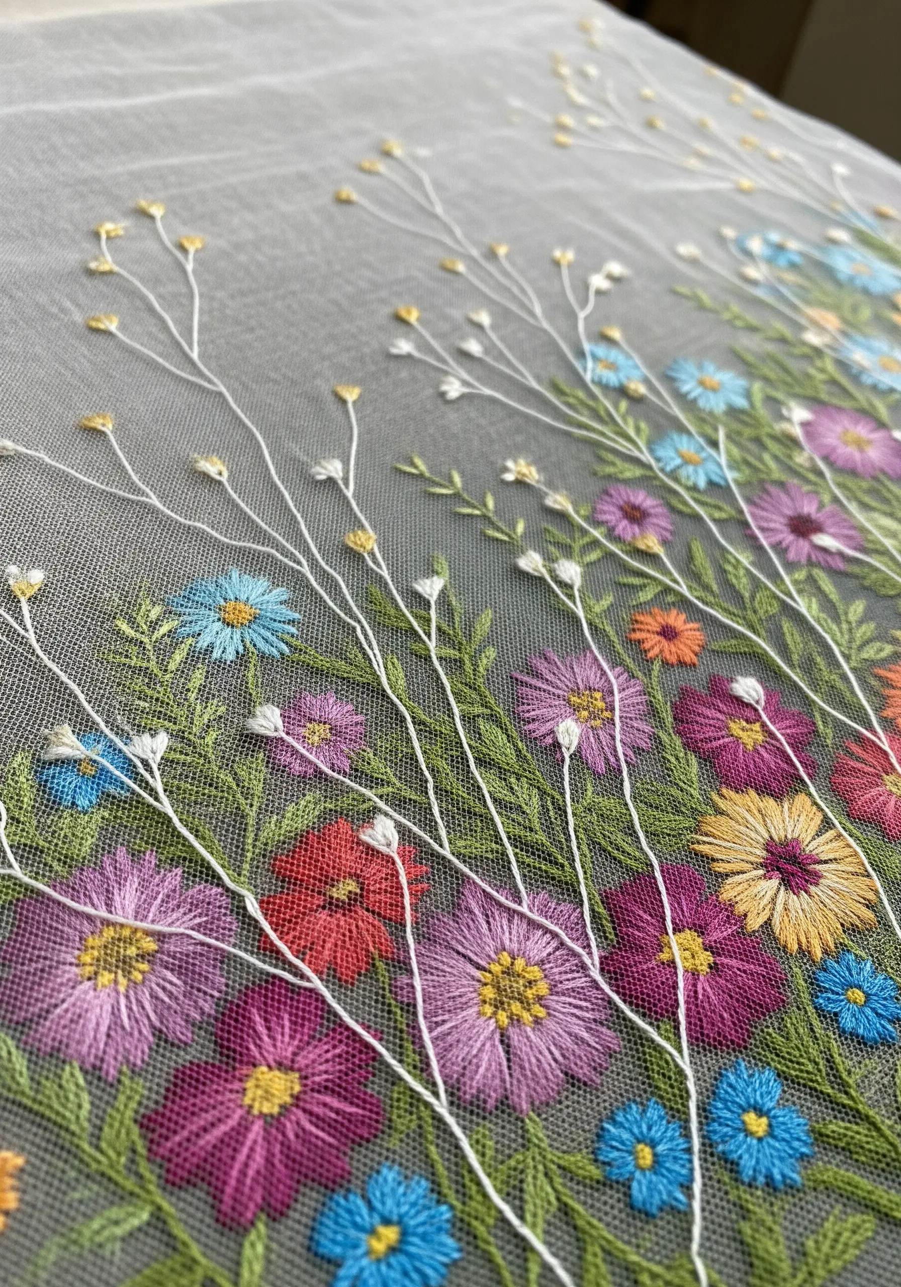 Colorful wildflowers embroidered on sheer grey tulle, creating a delicate, floating effect.
