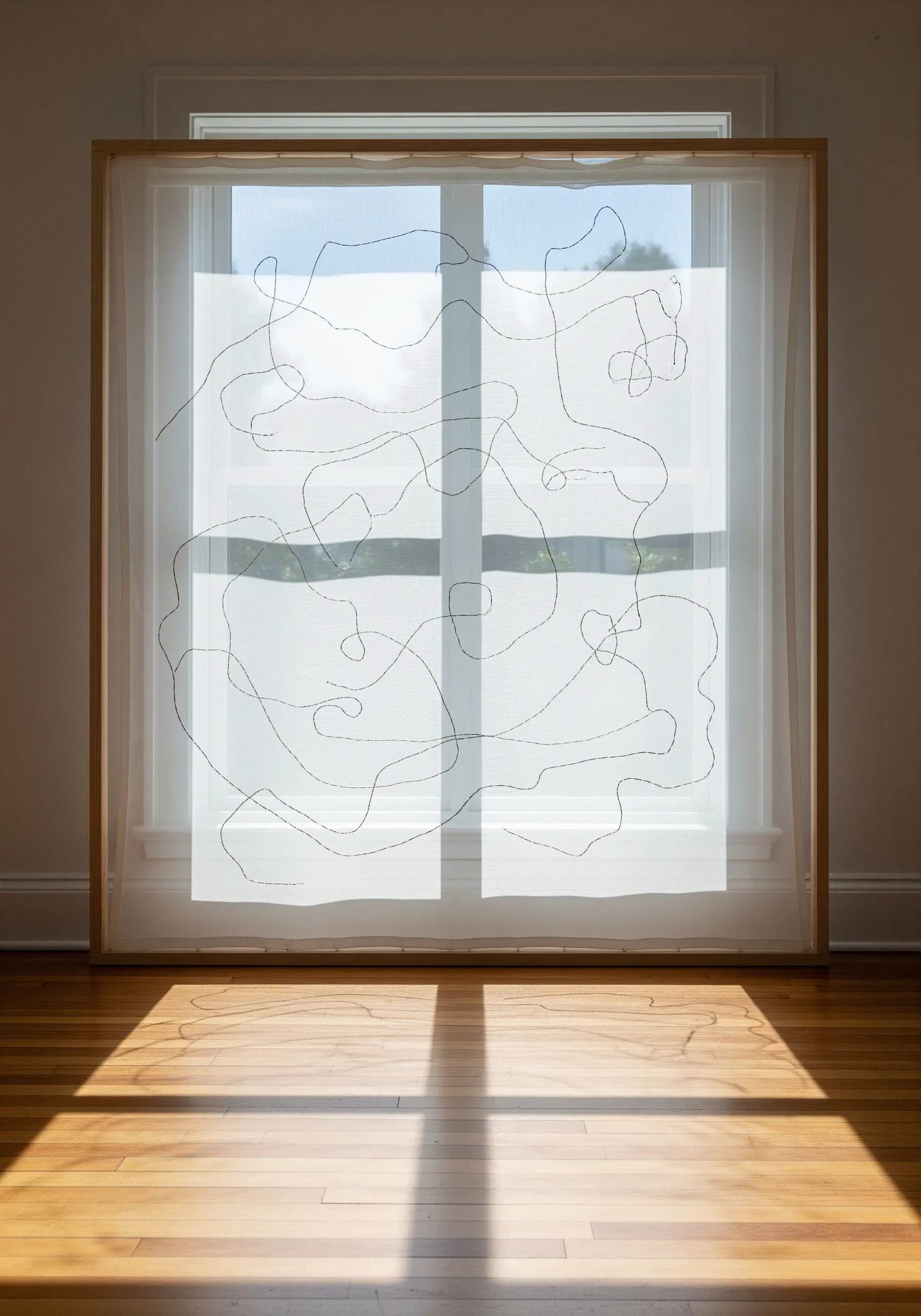 A large, framed piece of sheer fabric embroidered with a single continuous black line.