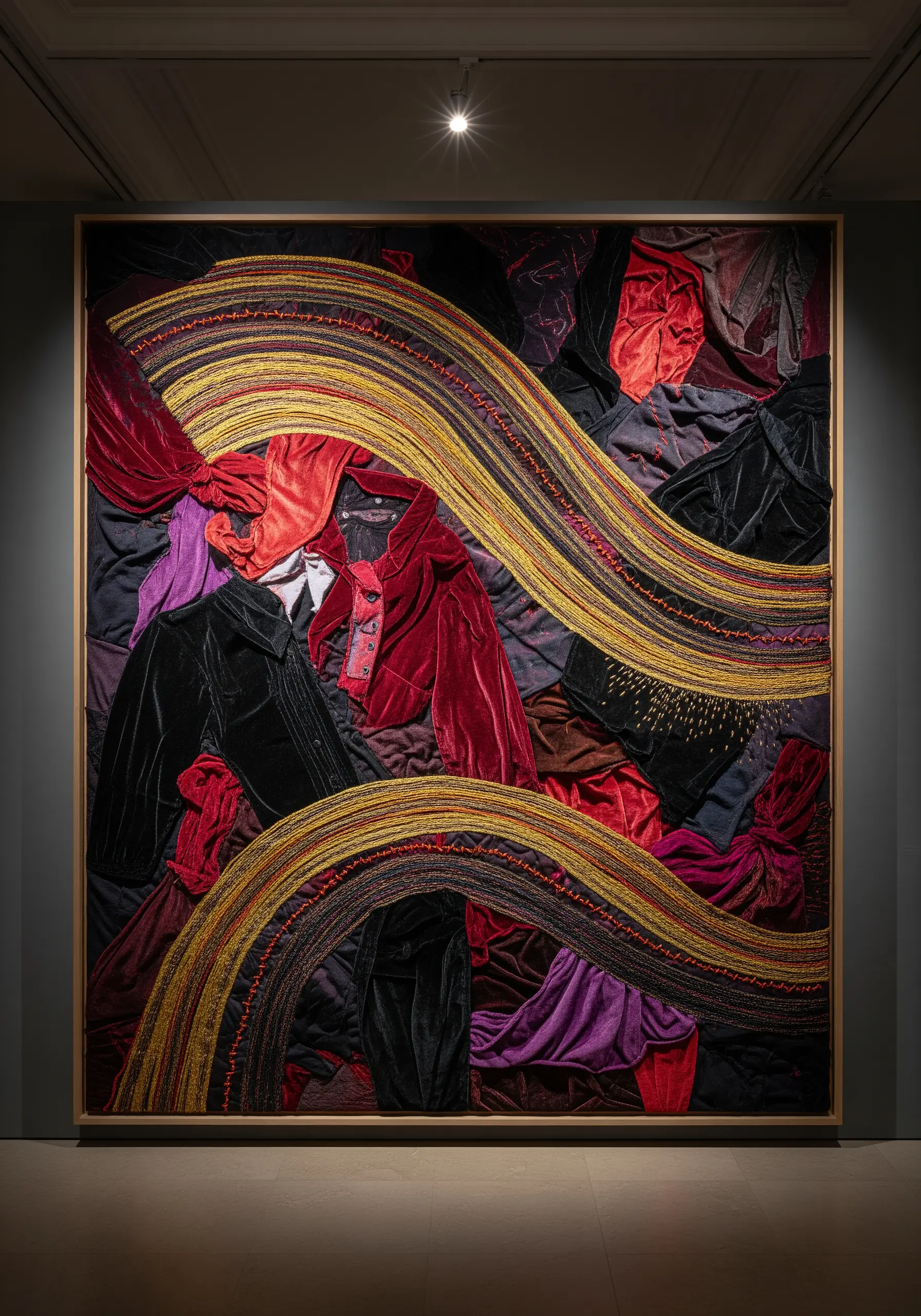 A large, framed abstract artwork featuring draped velvet fabrics and sweeping lines of gold embroidery.