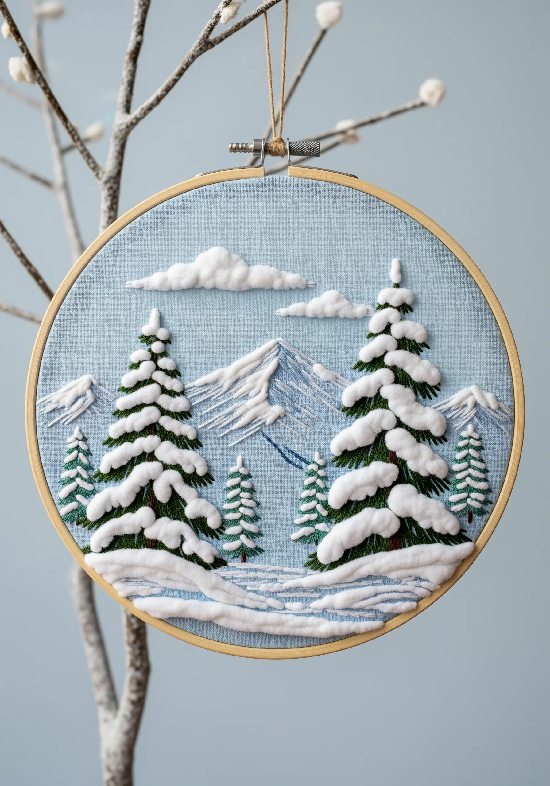 Winter landscape embroidery with 3D padded satin stitch for fluffy snow on pine trees.
