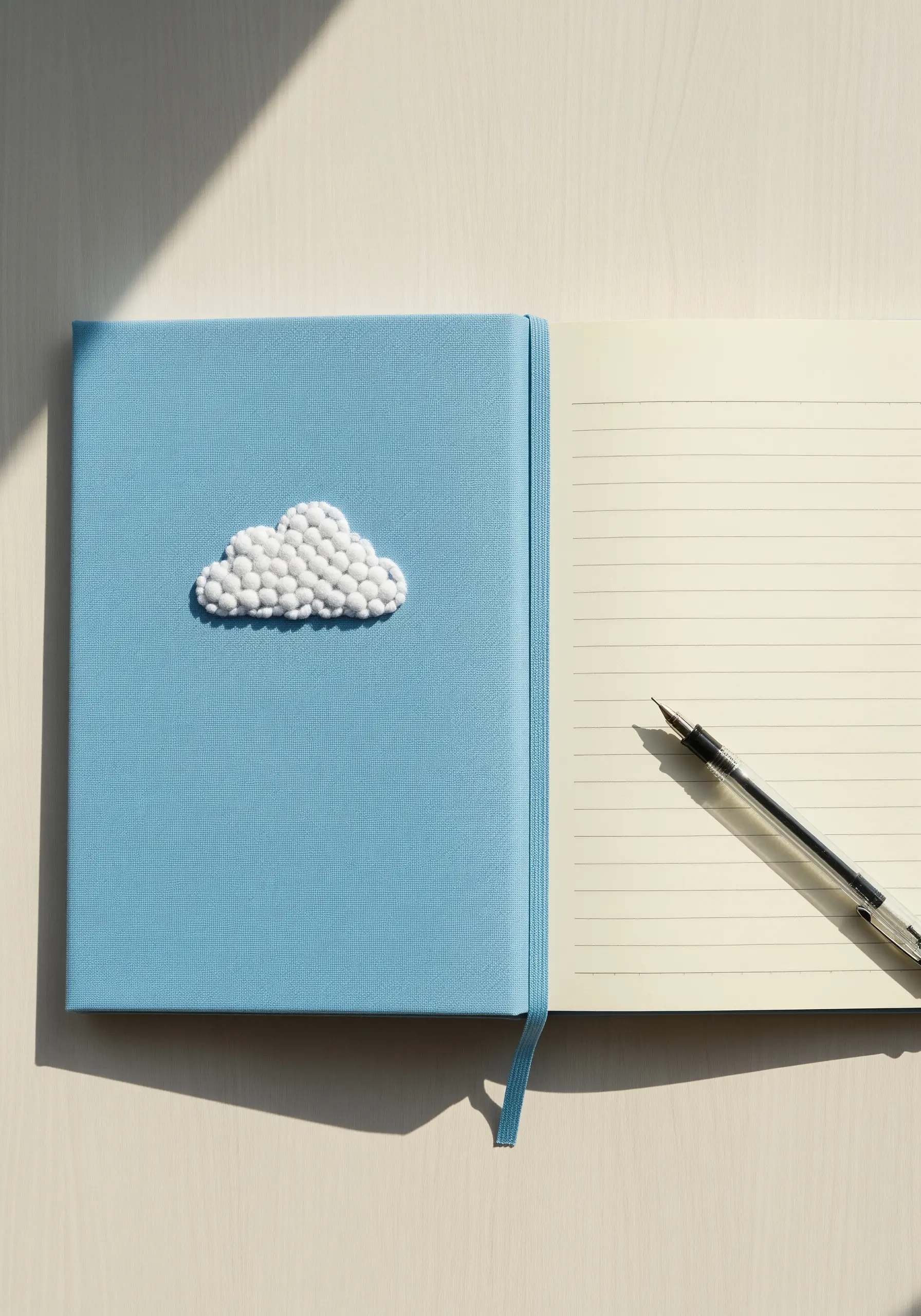 A fluffy cloud embroidered with dense white French knots on a light blue journal cover.