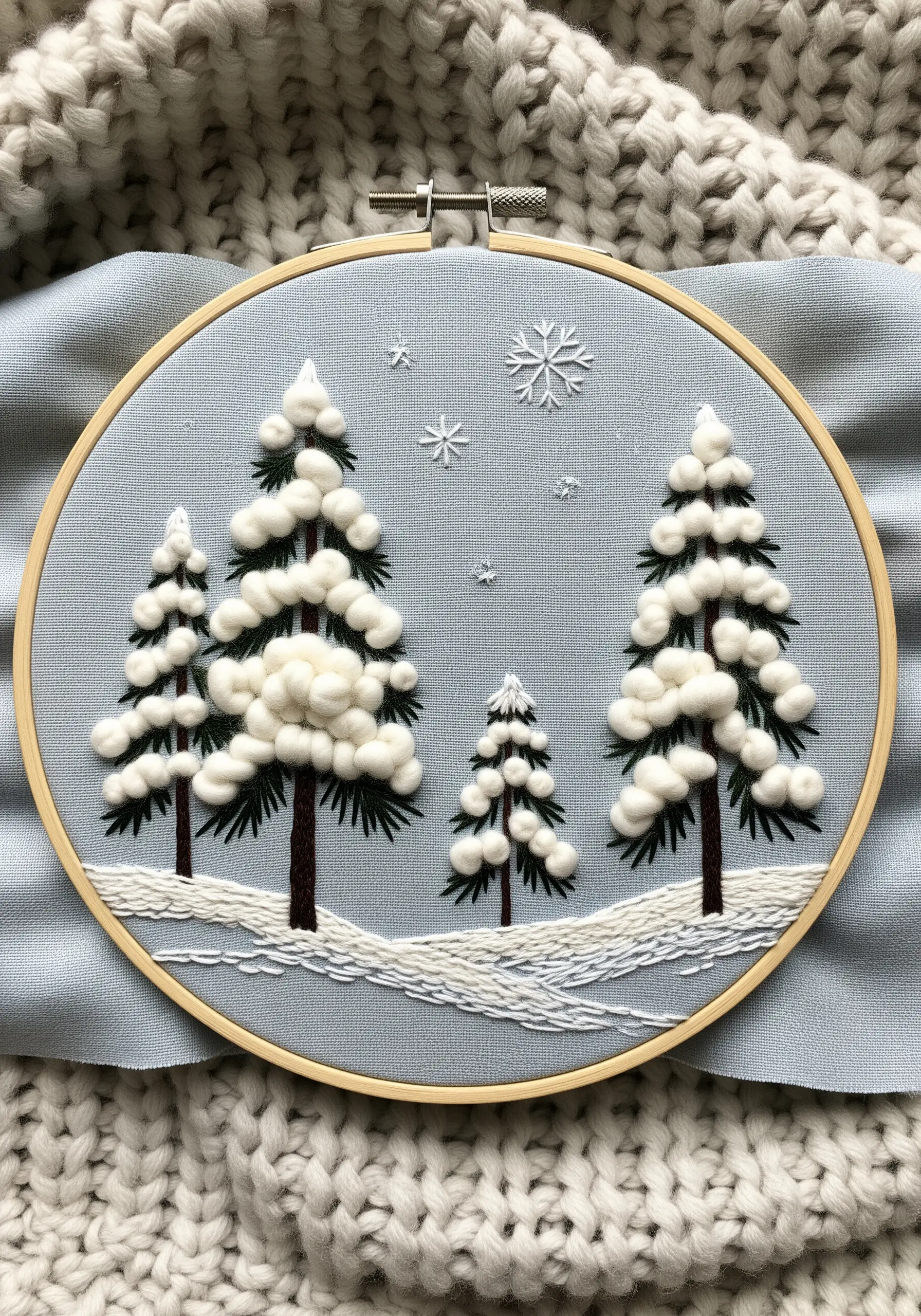 Embroidery of snow-covered pine trees with fluffy, three-dimensional white stitches for snow.