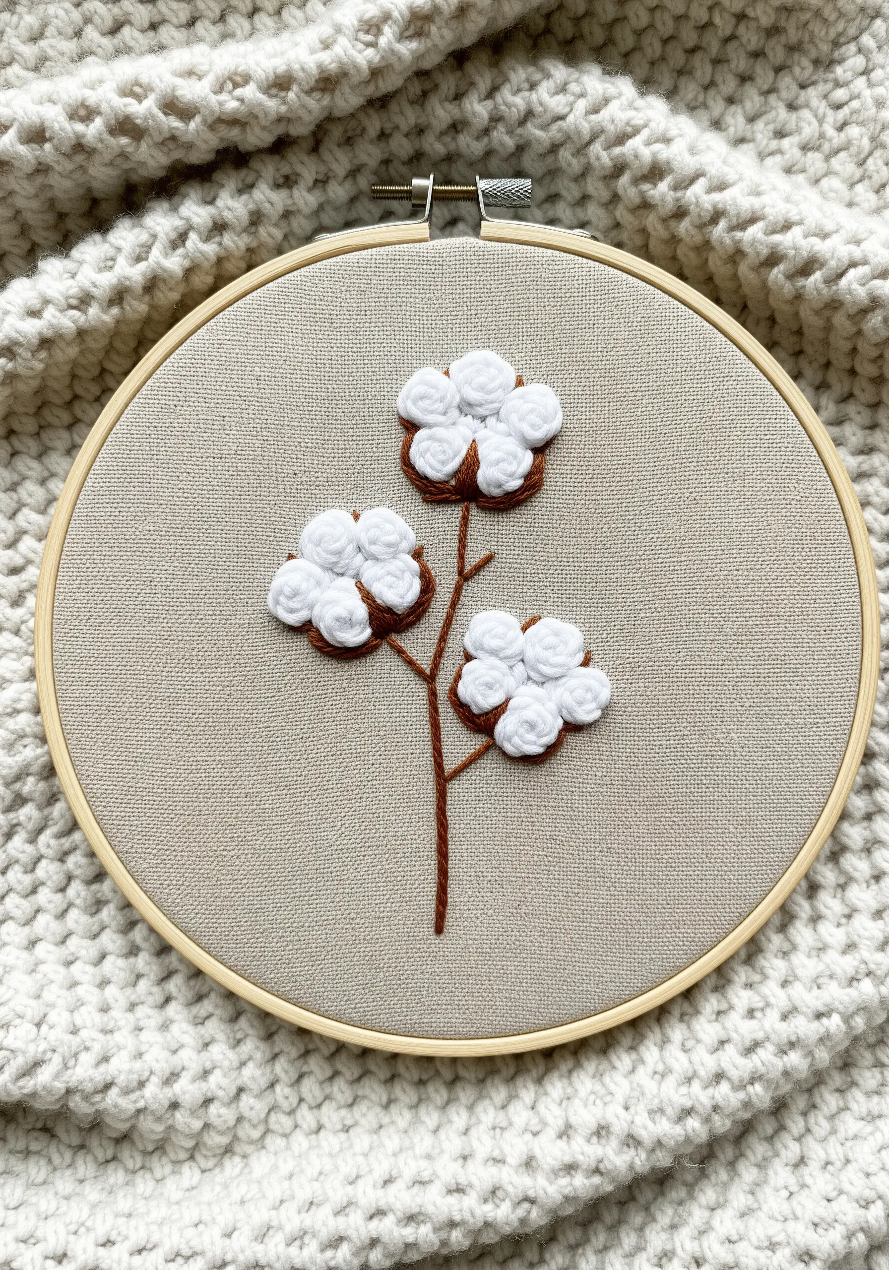 Embroidery of cotton branches with puffy white woven wheel stitches on a beige fabric.