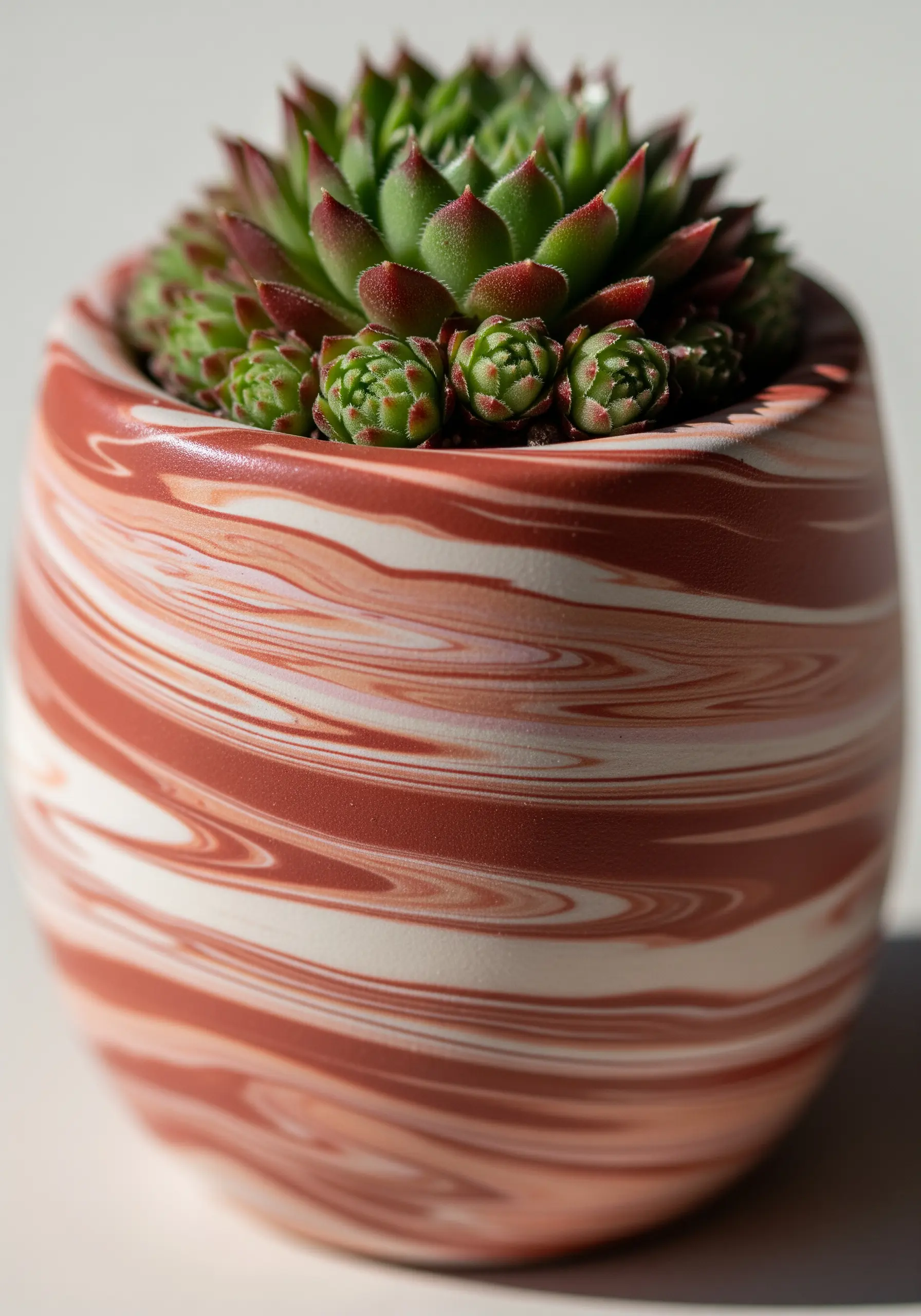 A terracotta and white marbled clay pot holding a hen and chicks succulent.
