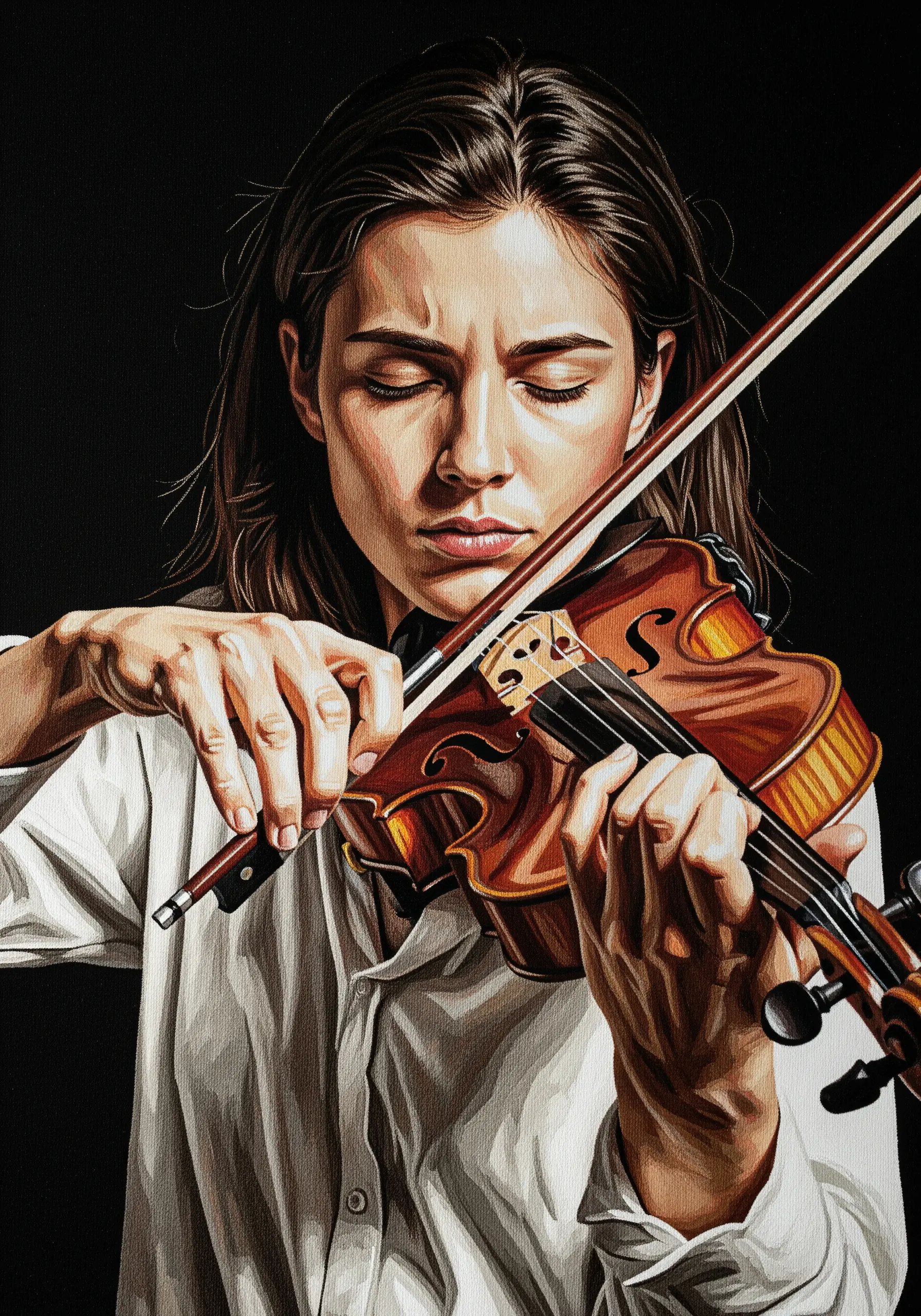 Embroidered portrait of a woman playing the violin, with focus on her face and hands.