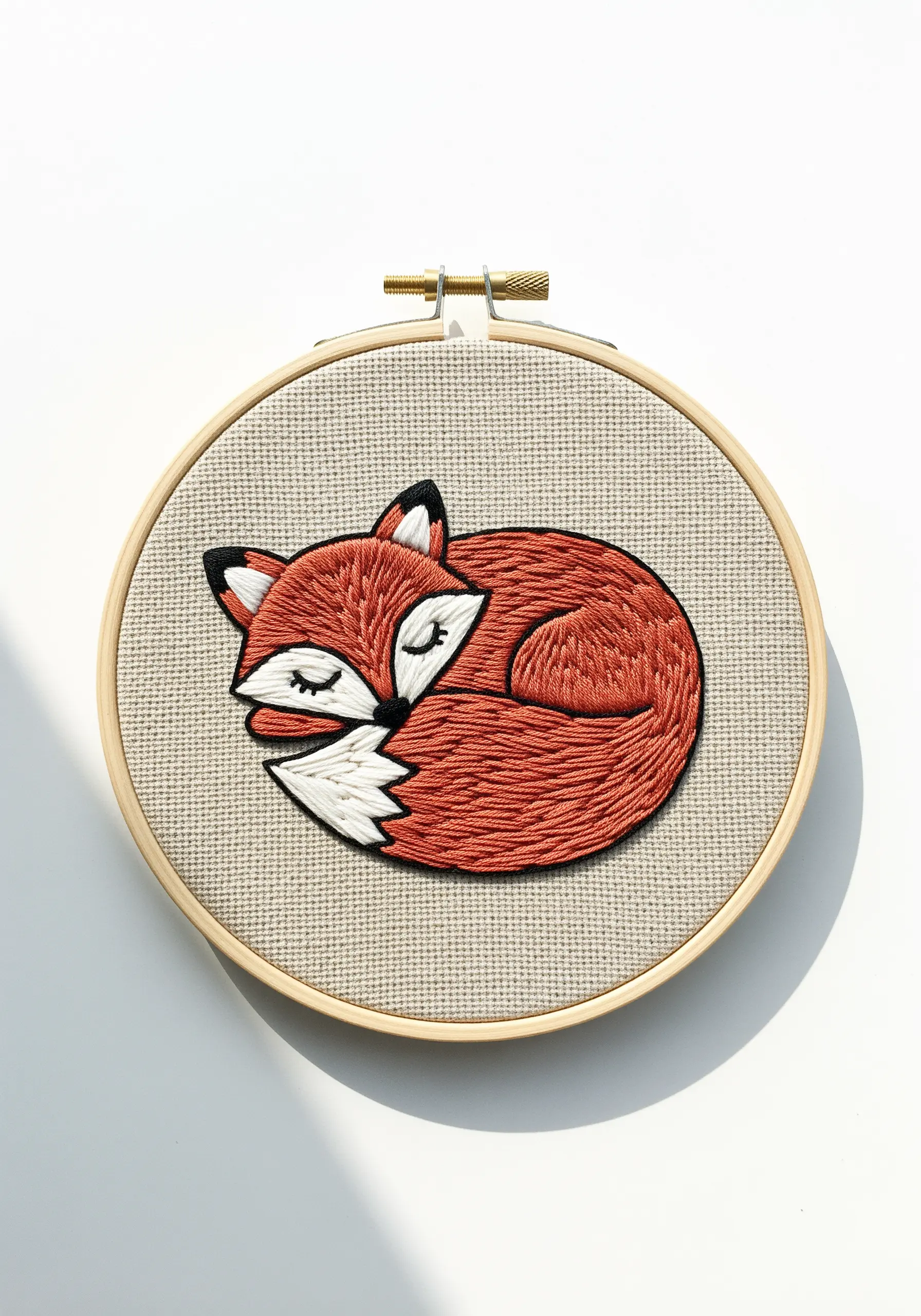 A sleeping fox embroidered with directional satin stitch in orange, white, and black.