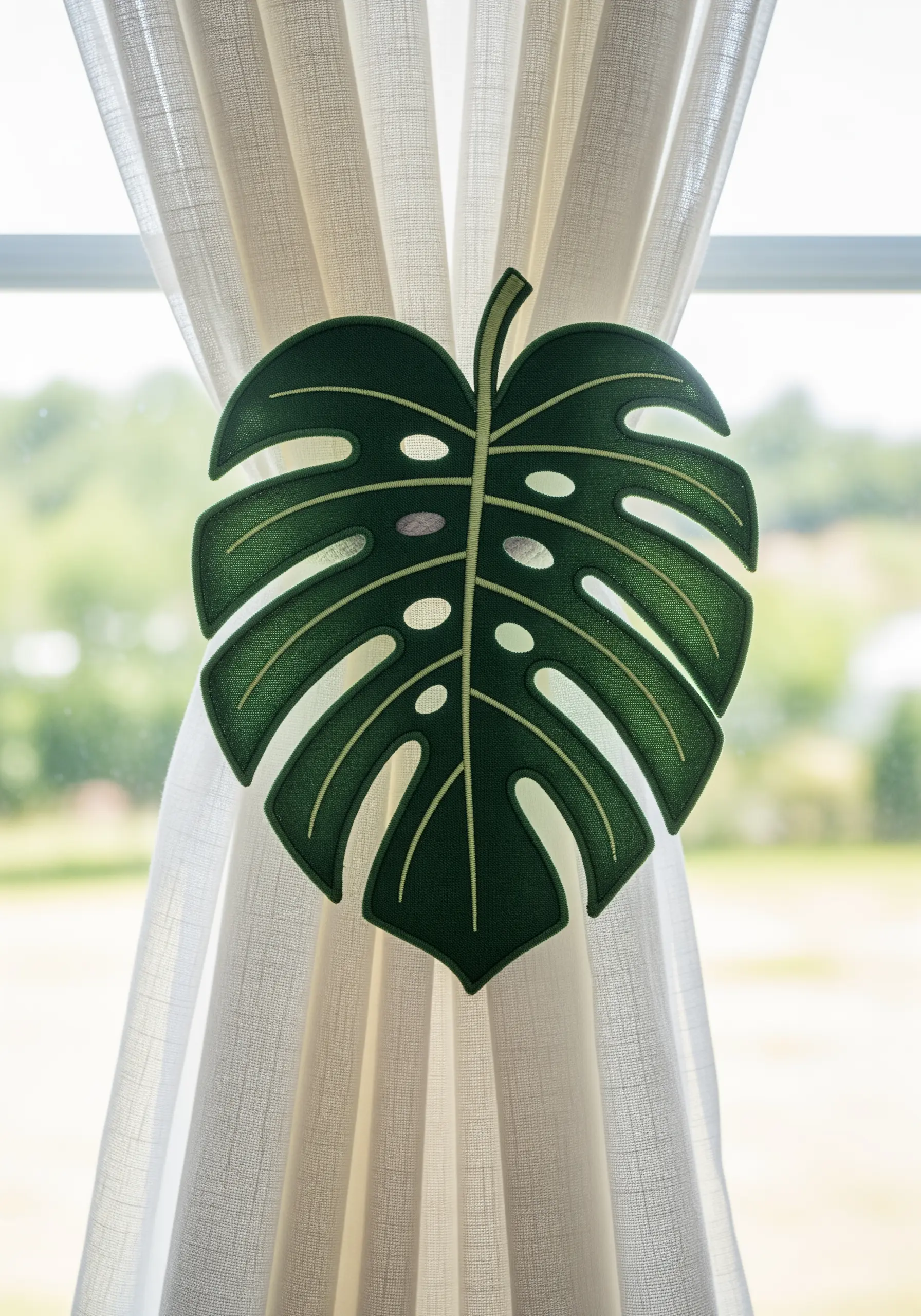 A freestanding embroidered monstera leaf, used as a tie-back for a sheer curtain.