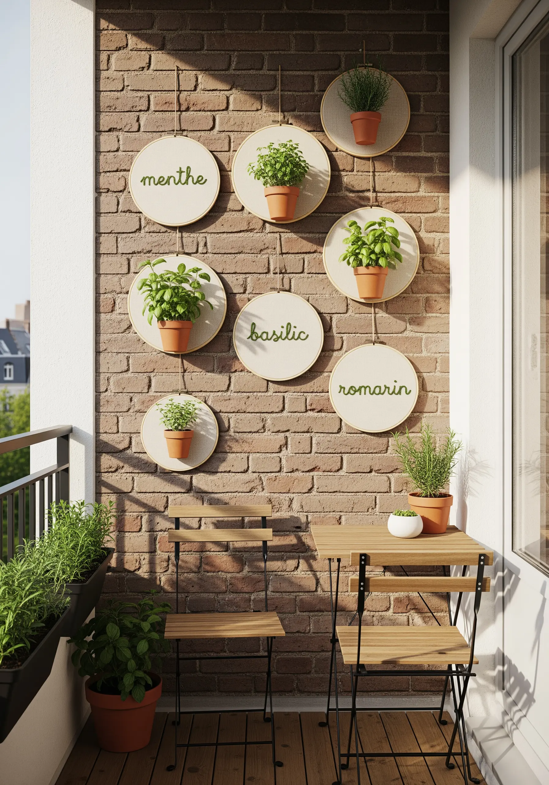 Embroidered herb names on hoops next to potted herbs on a brick wall.