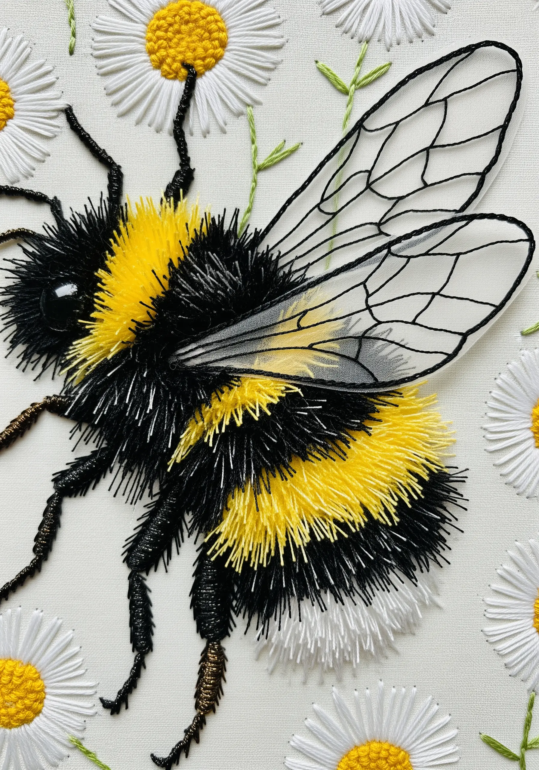A fluffy bumblebee embroidered with the turkey stitch and sheer fabric for wings.