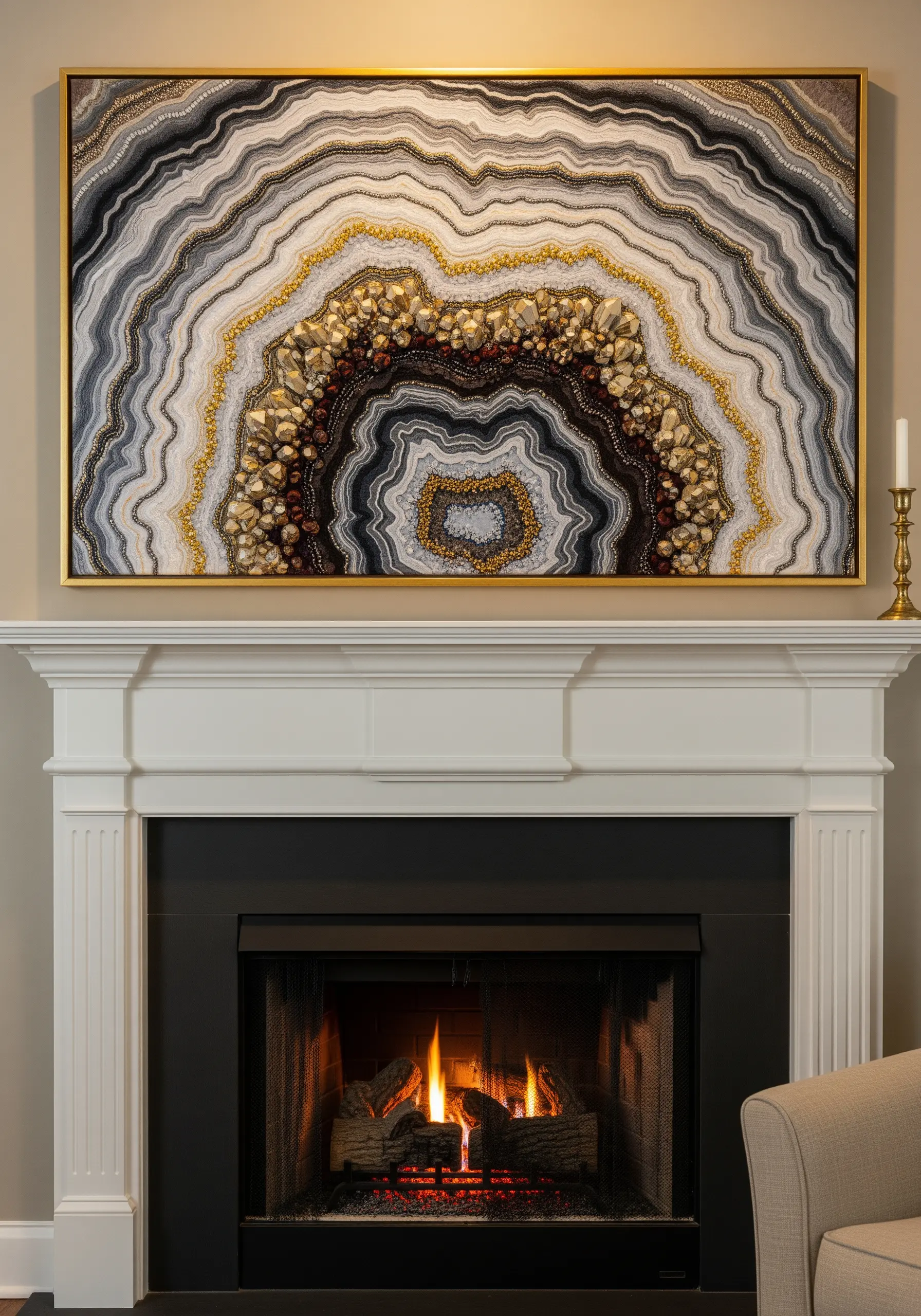 A large, framed piece of fiber art mimicking an agate geode with thread, beads, and crystals.