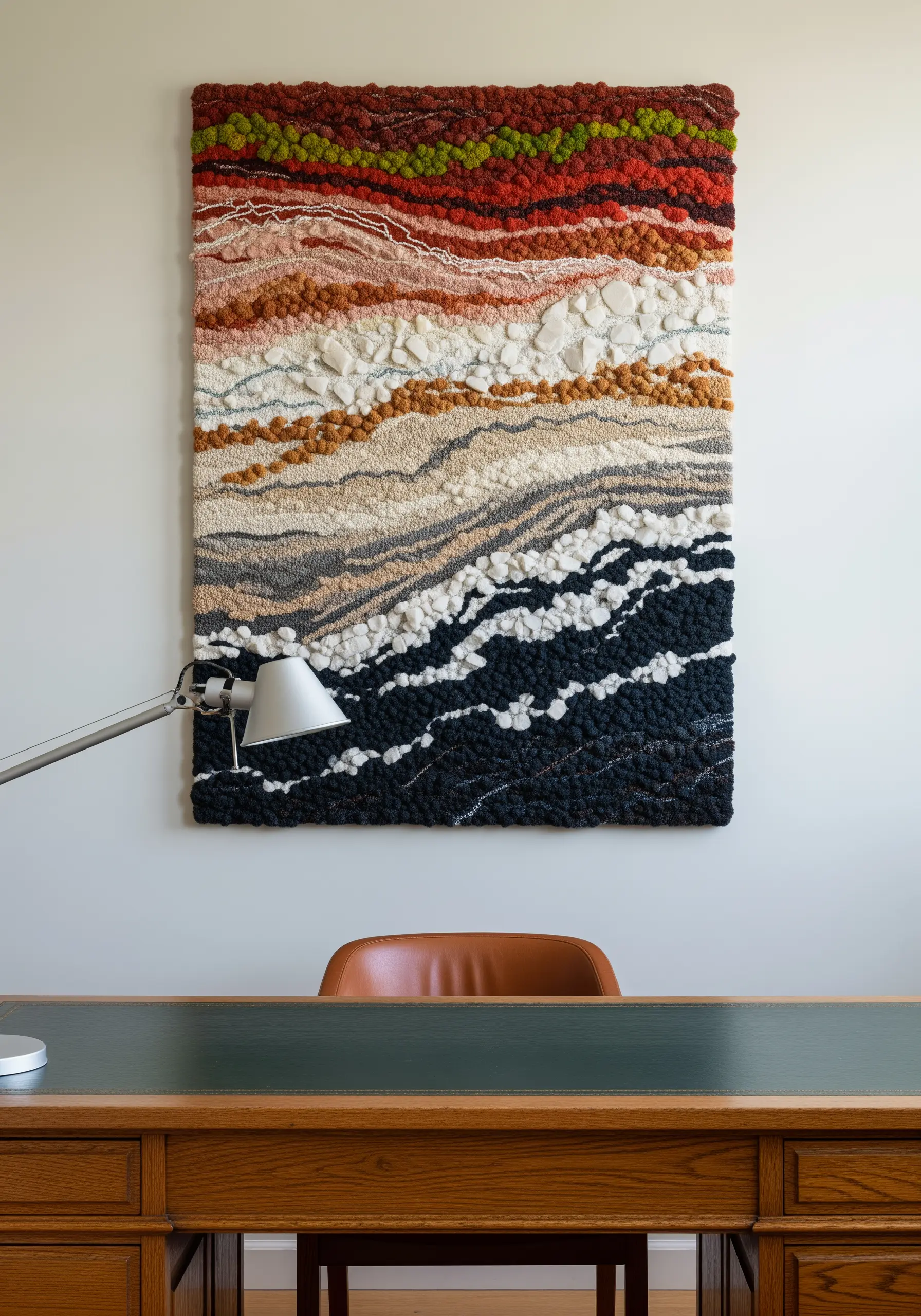 A rectangular textile art piece with abstract layers of texture in earthy and dark tones.