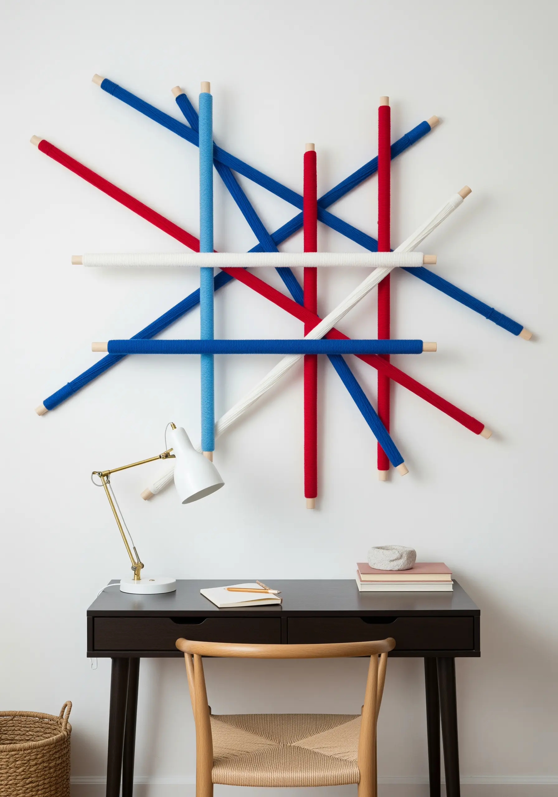 An abstract wall installation of red, white, and blue yarn-wrapped dowels.