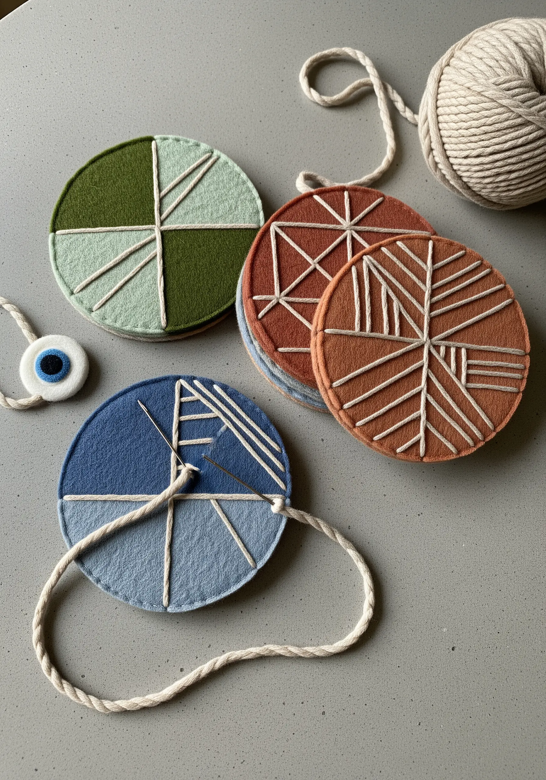 Colorful felt coasters with geometric patterns stitched in thick white yarn