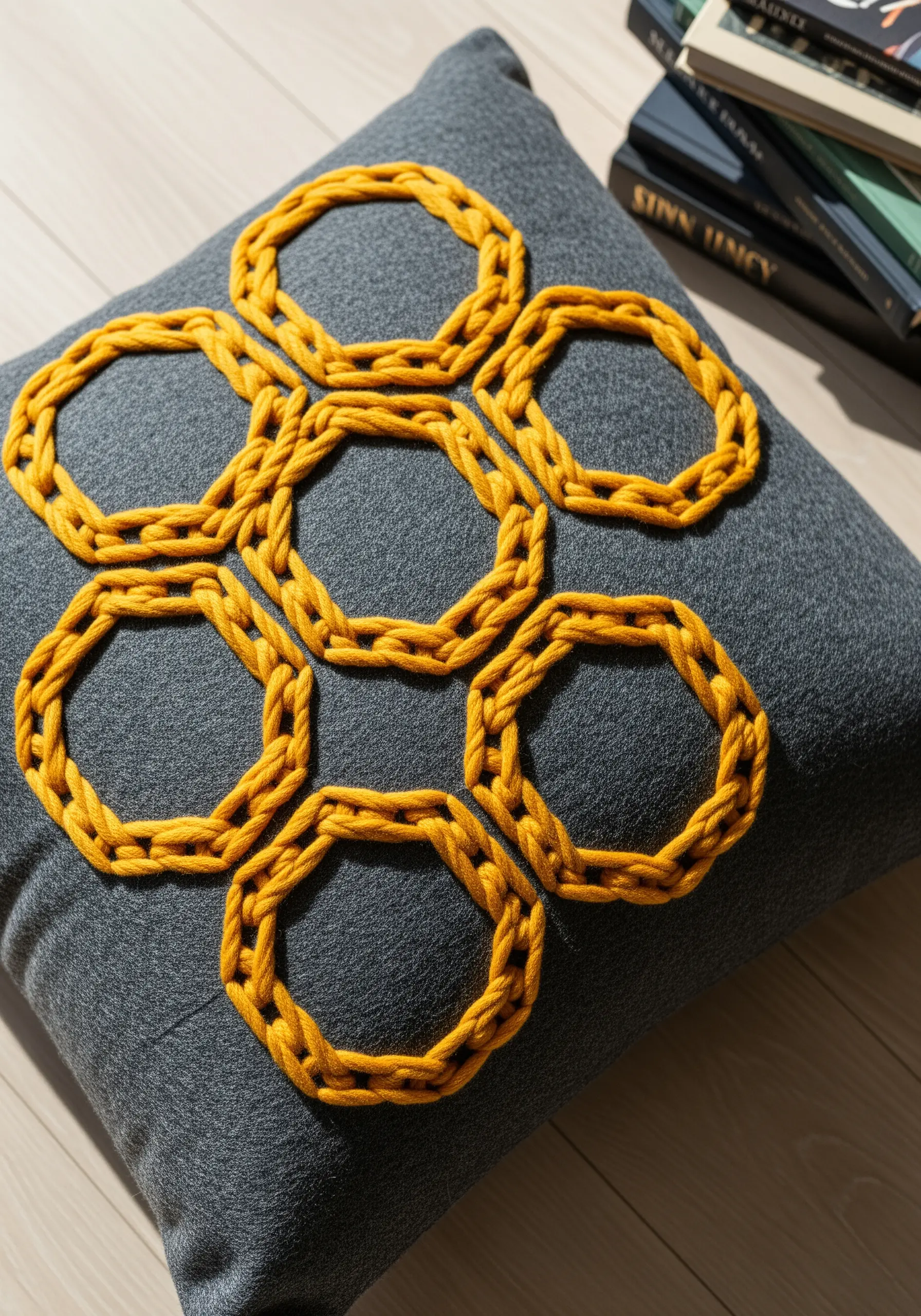 A dark grey cushion with a geometric honeycomb pattern stitched in thick, yellow braided yarn.