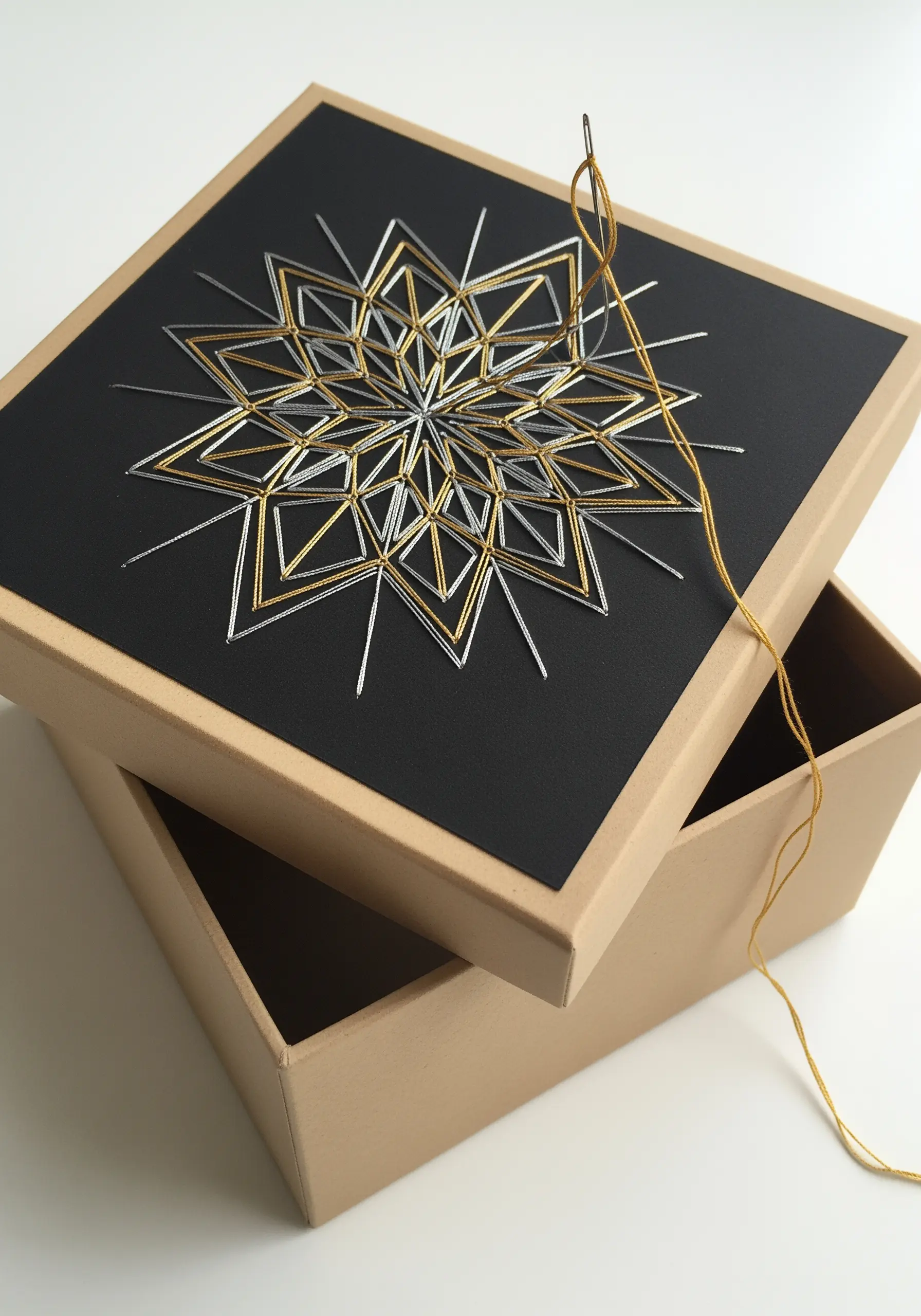 Geometric string art mandala in gold and silver metallic thread on a black box lid.