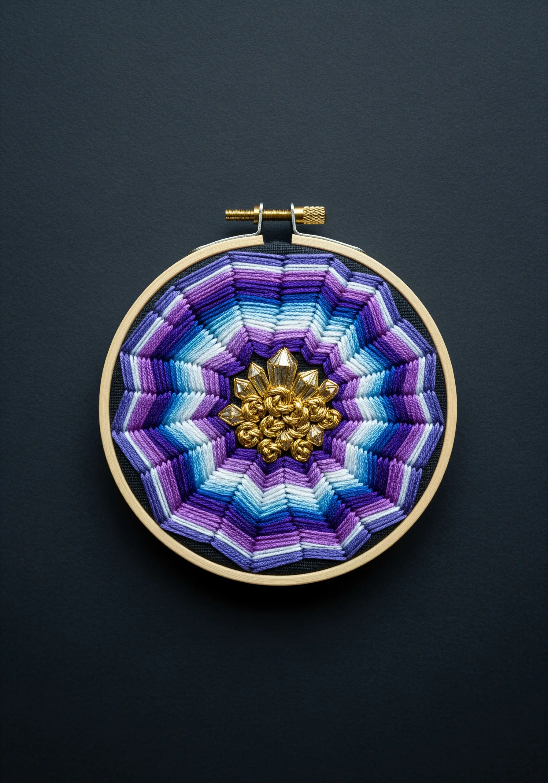 A geometric mandala with purple and blue gradients and a gold beaded center.
