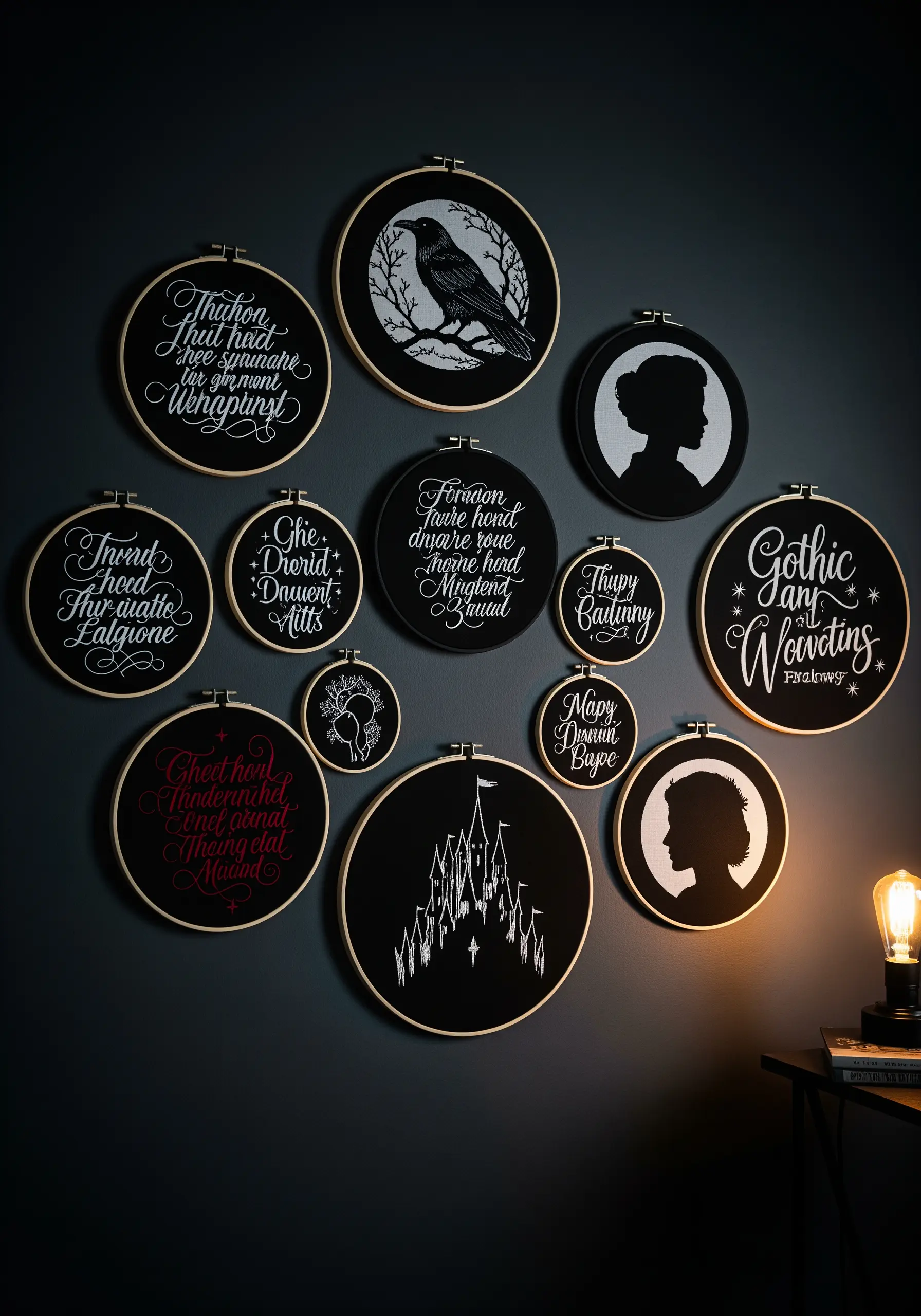 A gallery wall of black embroidery hoops with white gothic-style illustrations and calligraphy.