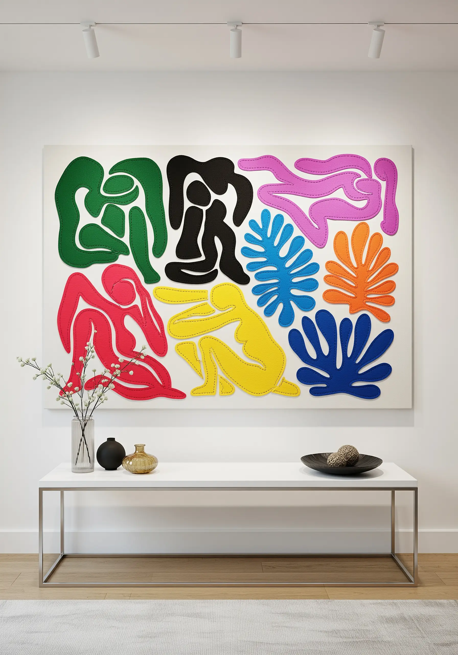 Large-scale textile art inspired by Matisse, using colorful fabric cut-outs with stitched outlines.