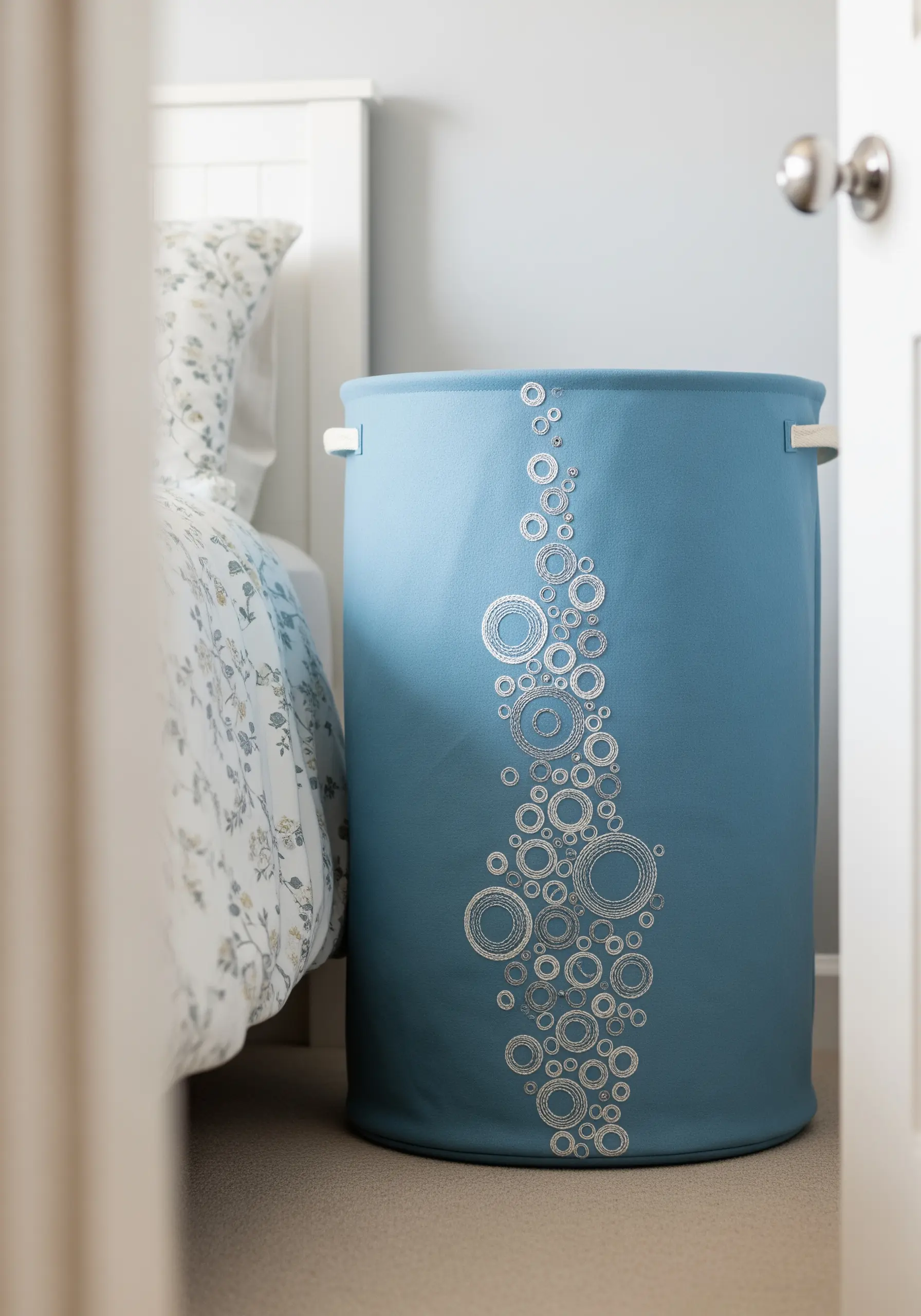 A blue laundry hamper embroidered with a cascade of overlapping silver and white circles.
