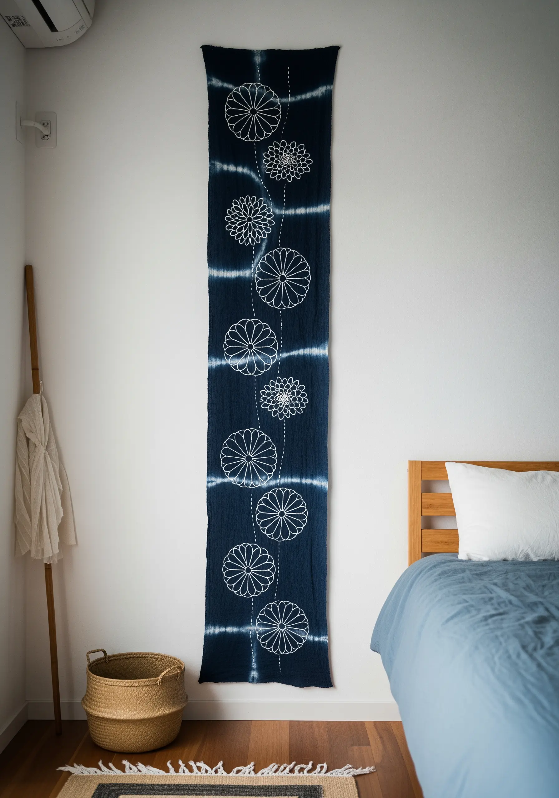 A long, indigo-dyed wall hanging with white line-art embroidery of chrysanthemums.