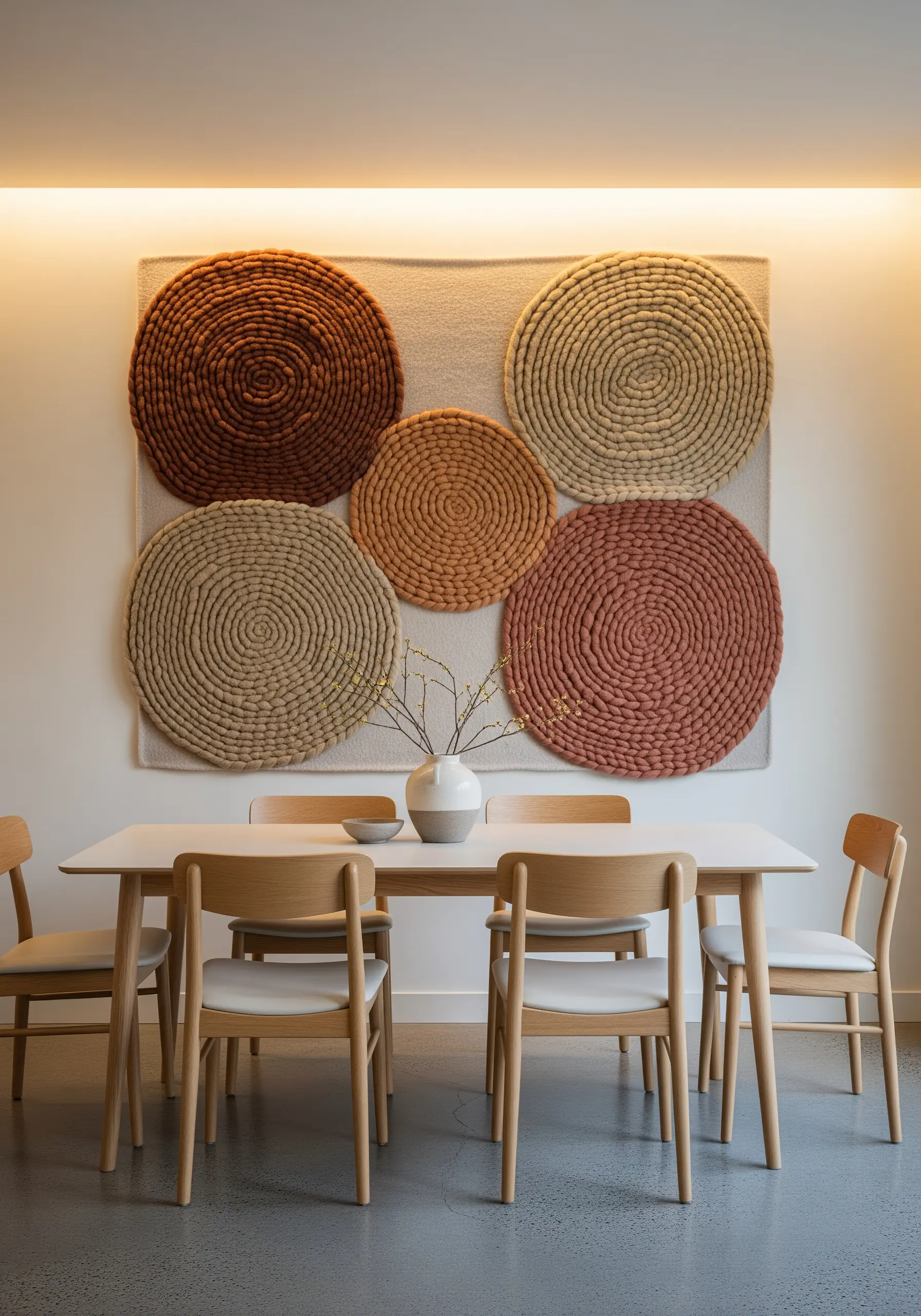 A large wall art piece with multiple coiled yarn circles in warm earth tones