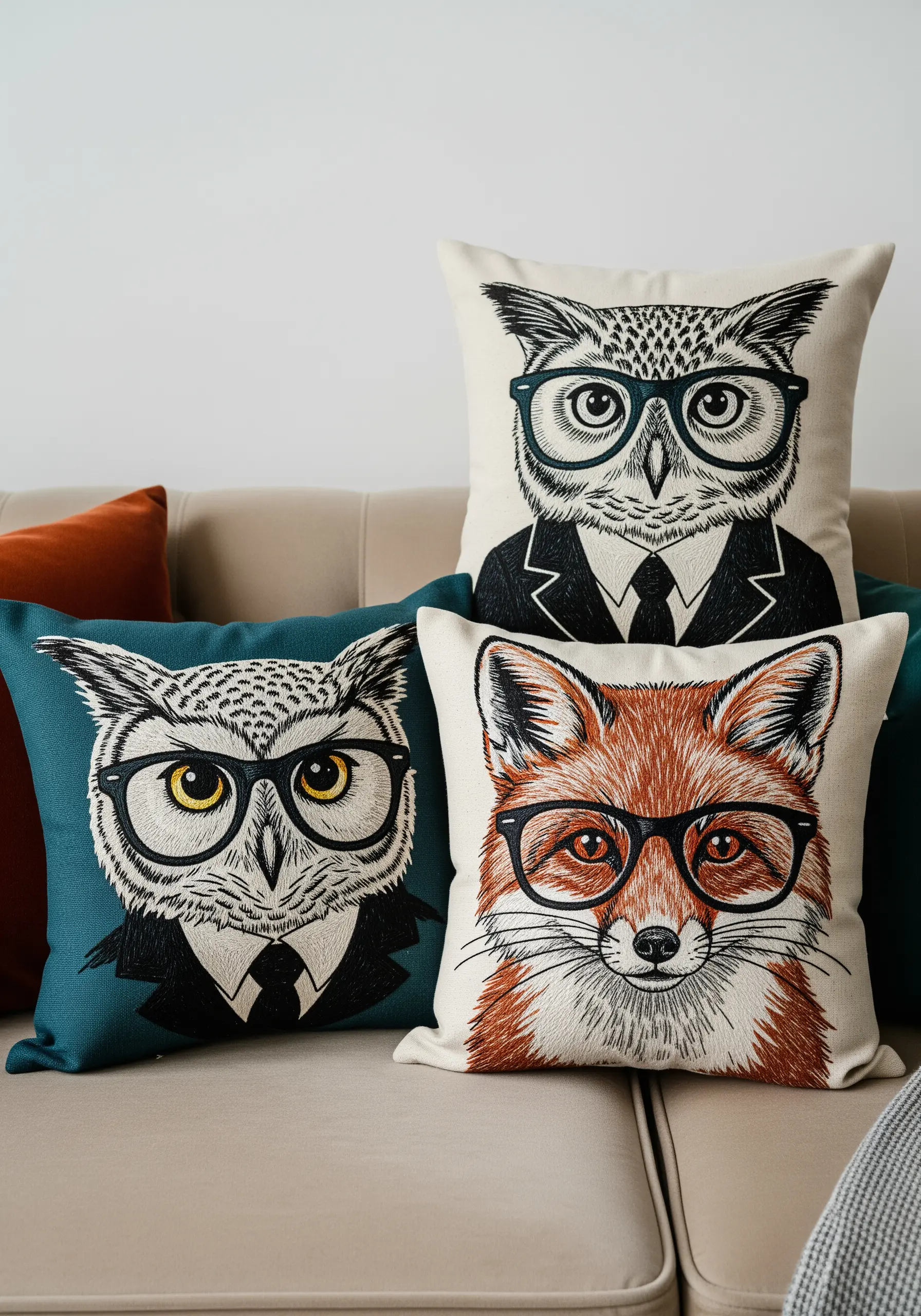 Three decorative pillows on a sofa, each with an embroidered animal portrait in a graphic style.