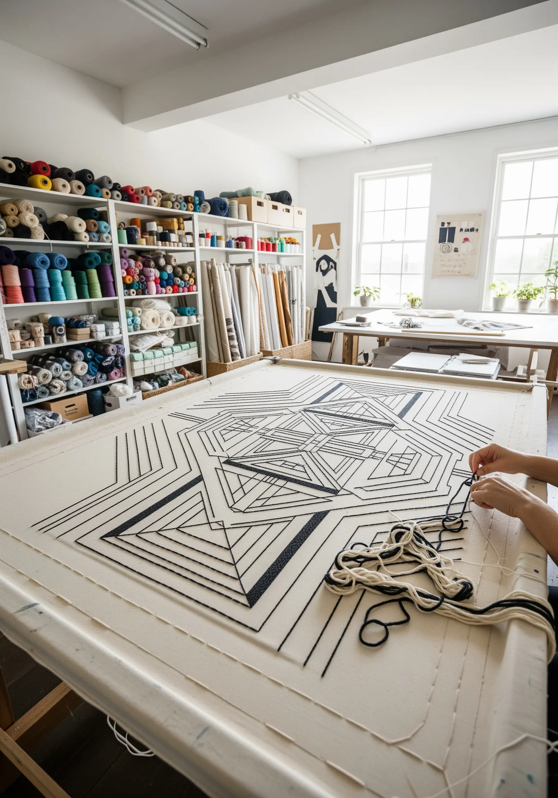 A large, stretched canvas with a geometric line pattern being stitched with thick black and white yarn.