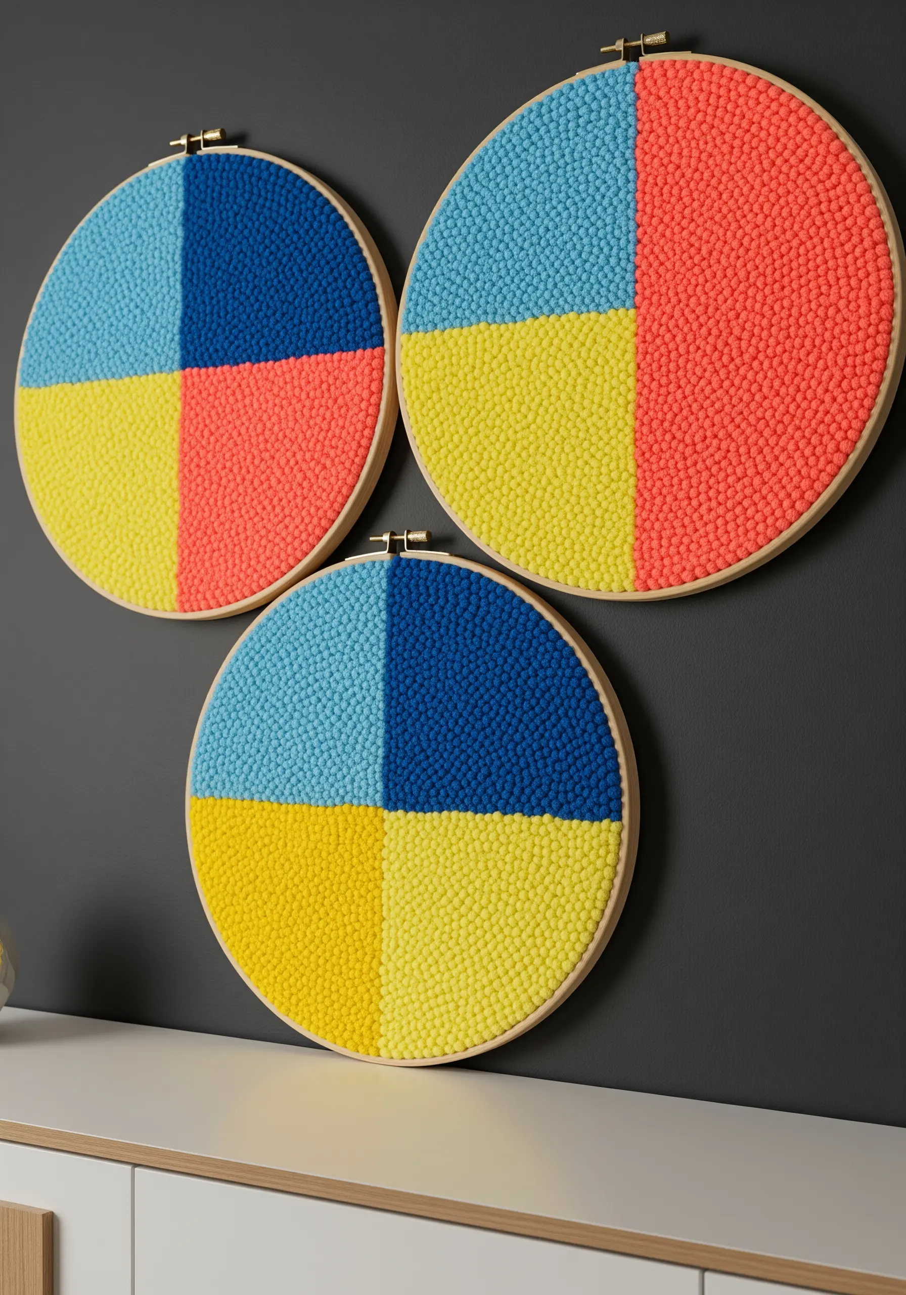 Three punch needle hoops with bold, four-color block patterns in red, yellow, and blue.