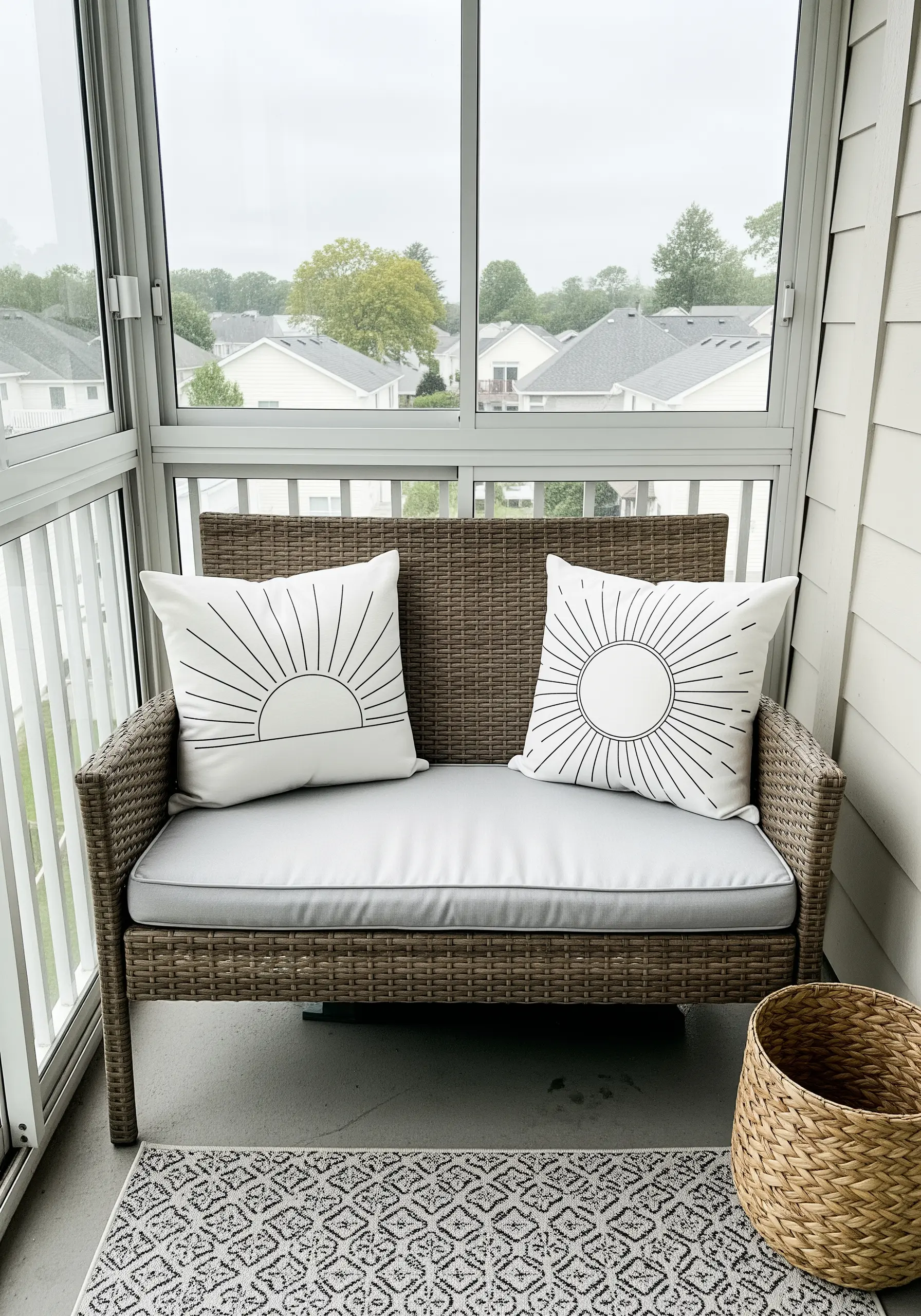 Two white cushions on an outdoor chair, each with a bold, black line-art sunburst embroidery.