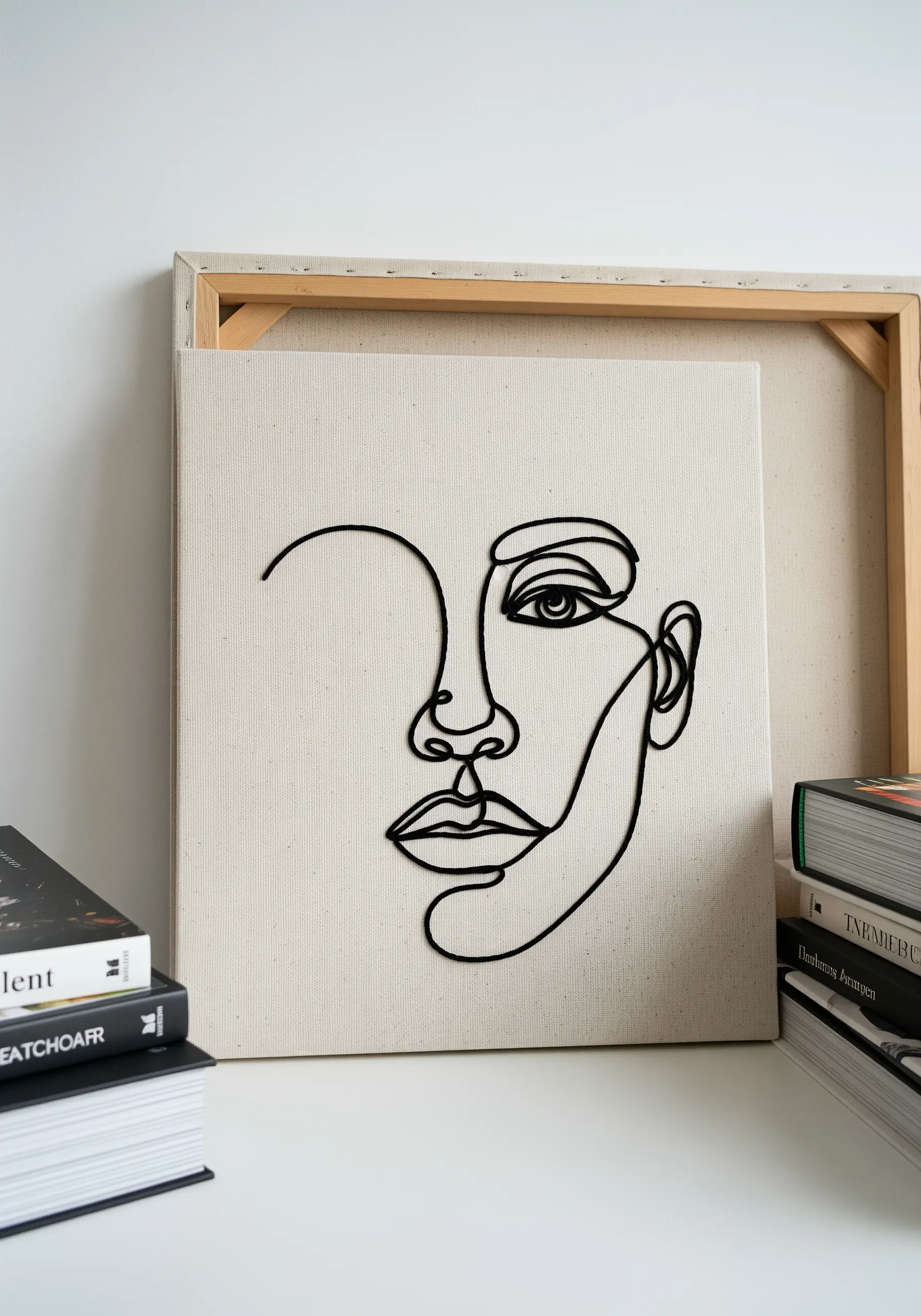 A single-line abstract face portrait created with couched black cord on canvas.