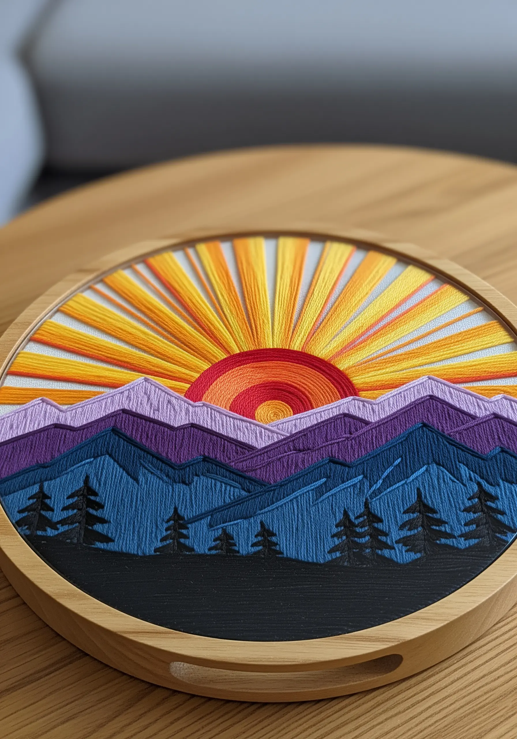 A stylized sunrise over mountains created with long, straight stitches in a string art style