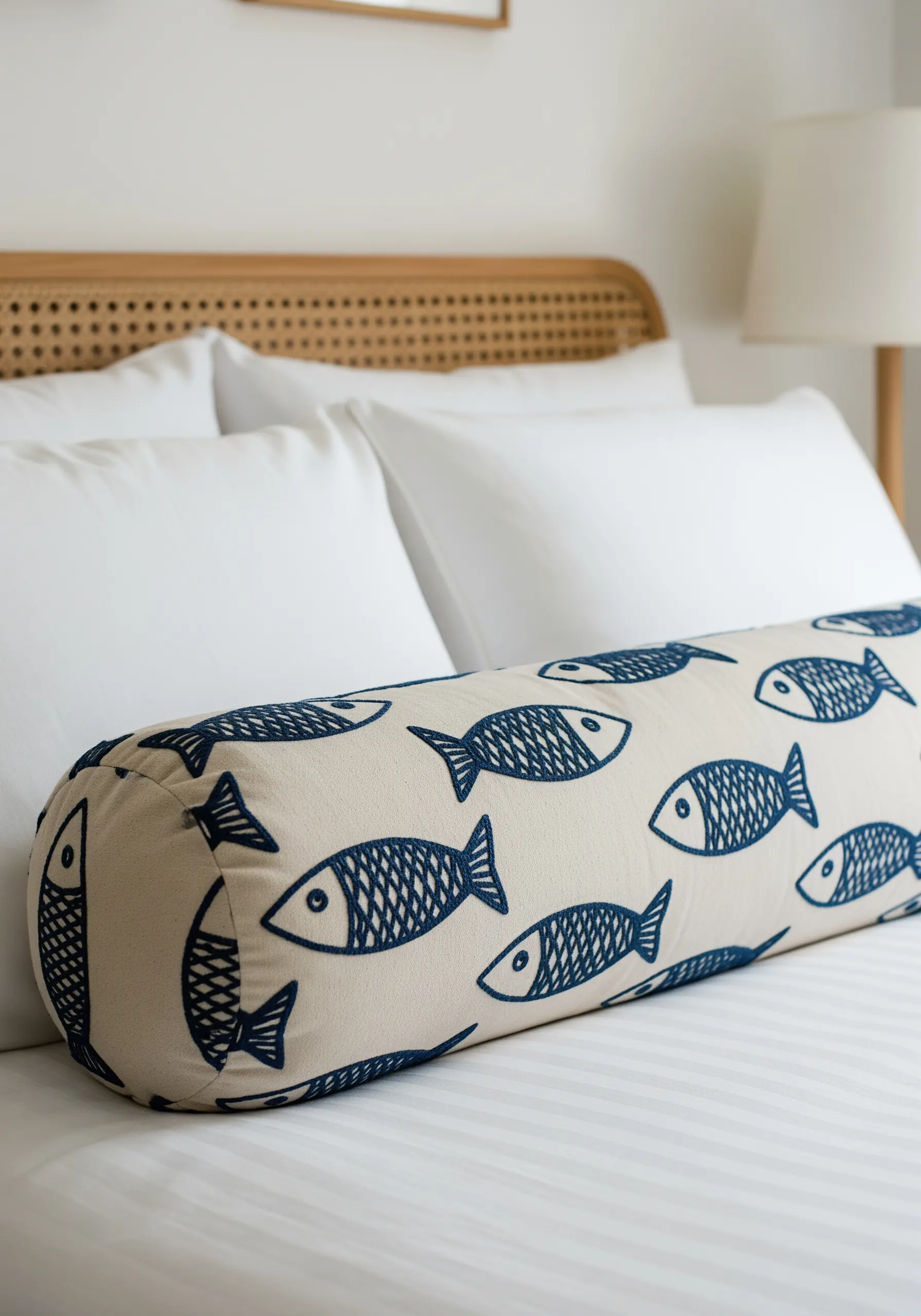 A long bolster pillow with a repeating pattern of navy blue embroidered fish.