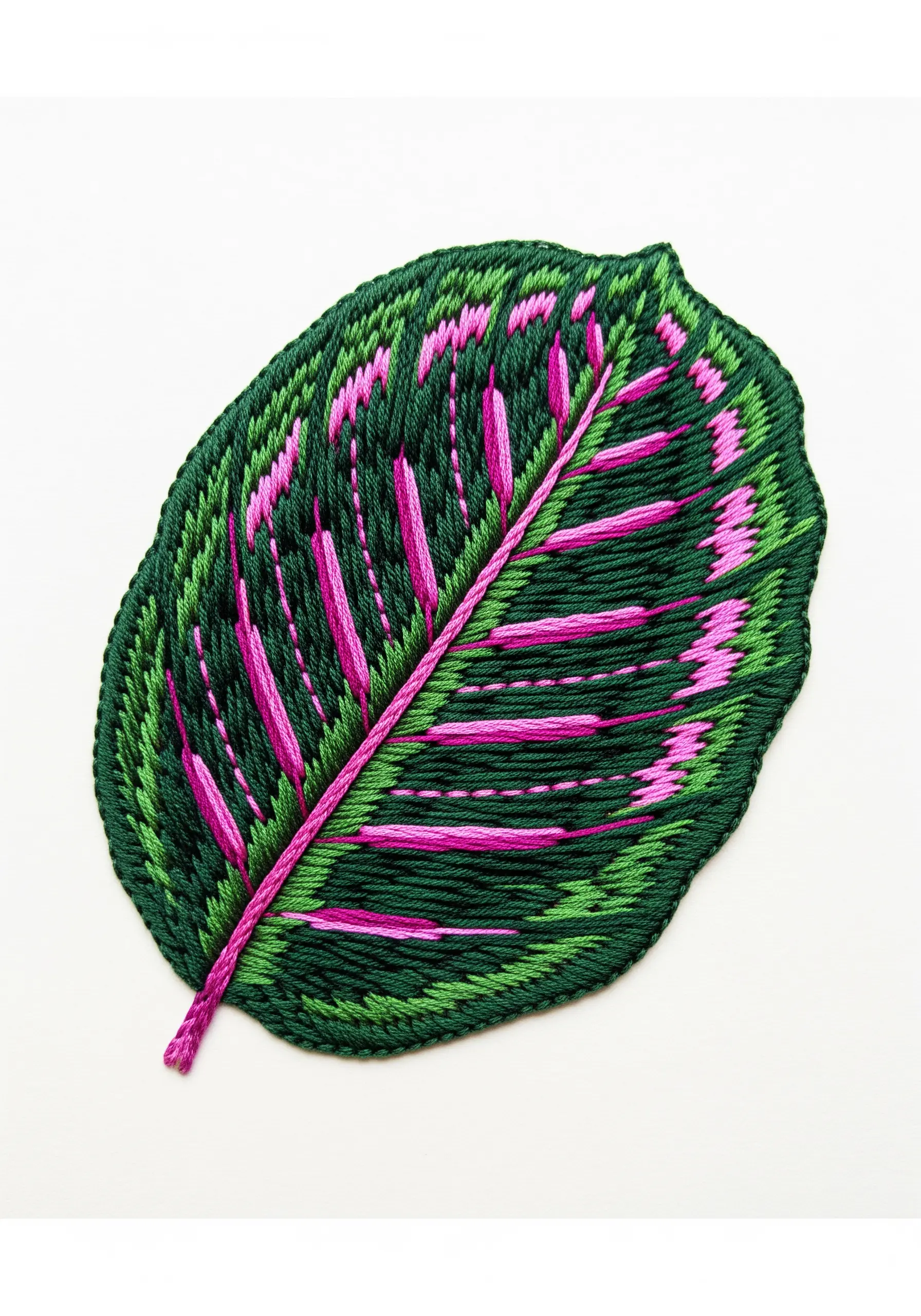 Green and pink color-blocked satin stitch on a Calathea leaf embroidery.