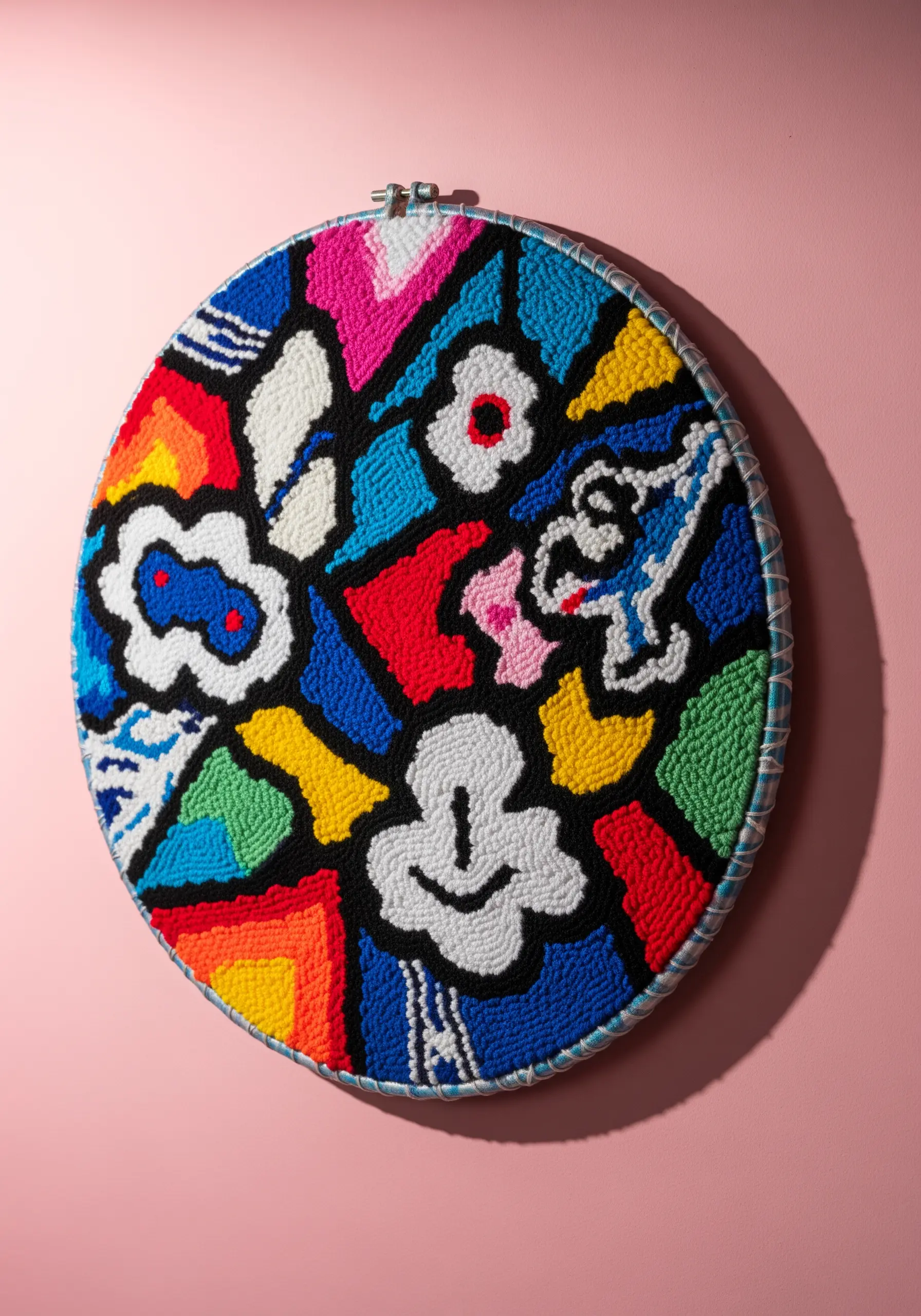 A punch needle hoop with a colorful, abstract pop-art design featuring bold black outlines.